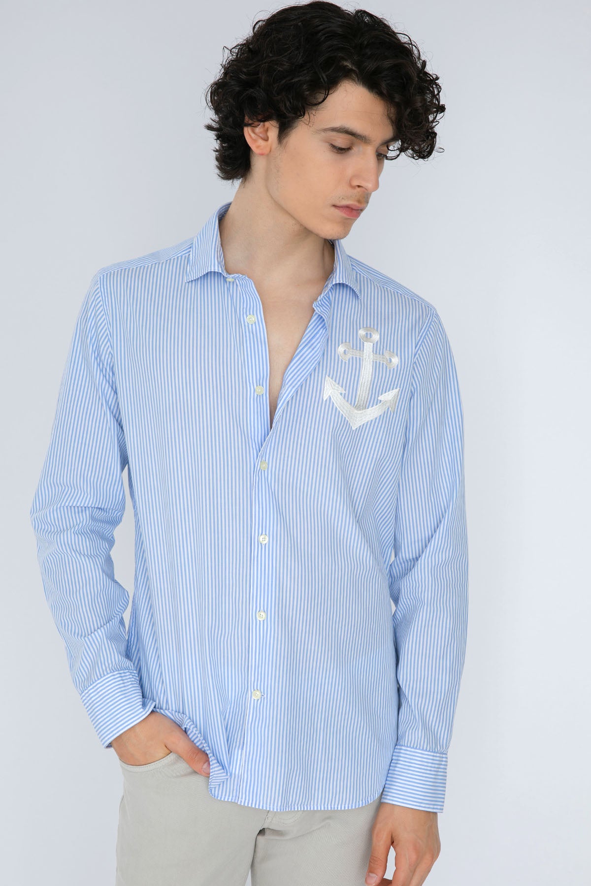 Tintoria Mattei Klasik Yaka Çapa Desenli Çizgili Gömlek-Libas Trendy Fashion Store