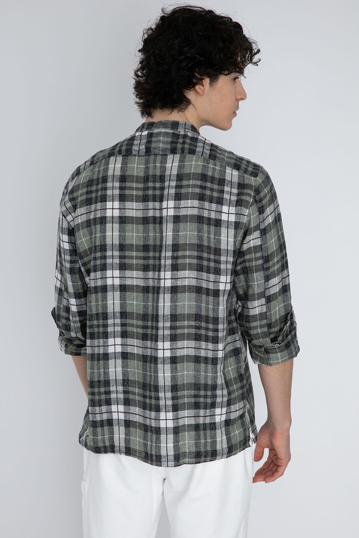 Fradi Hakim Yaka Ekoseli Streç Keten Gömlek-Libas Trendy Fashion Store