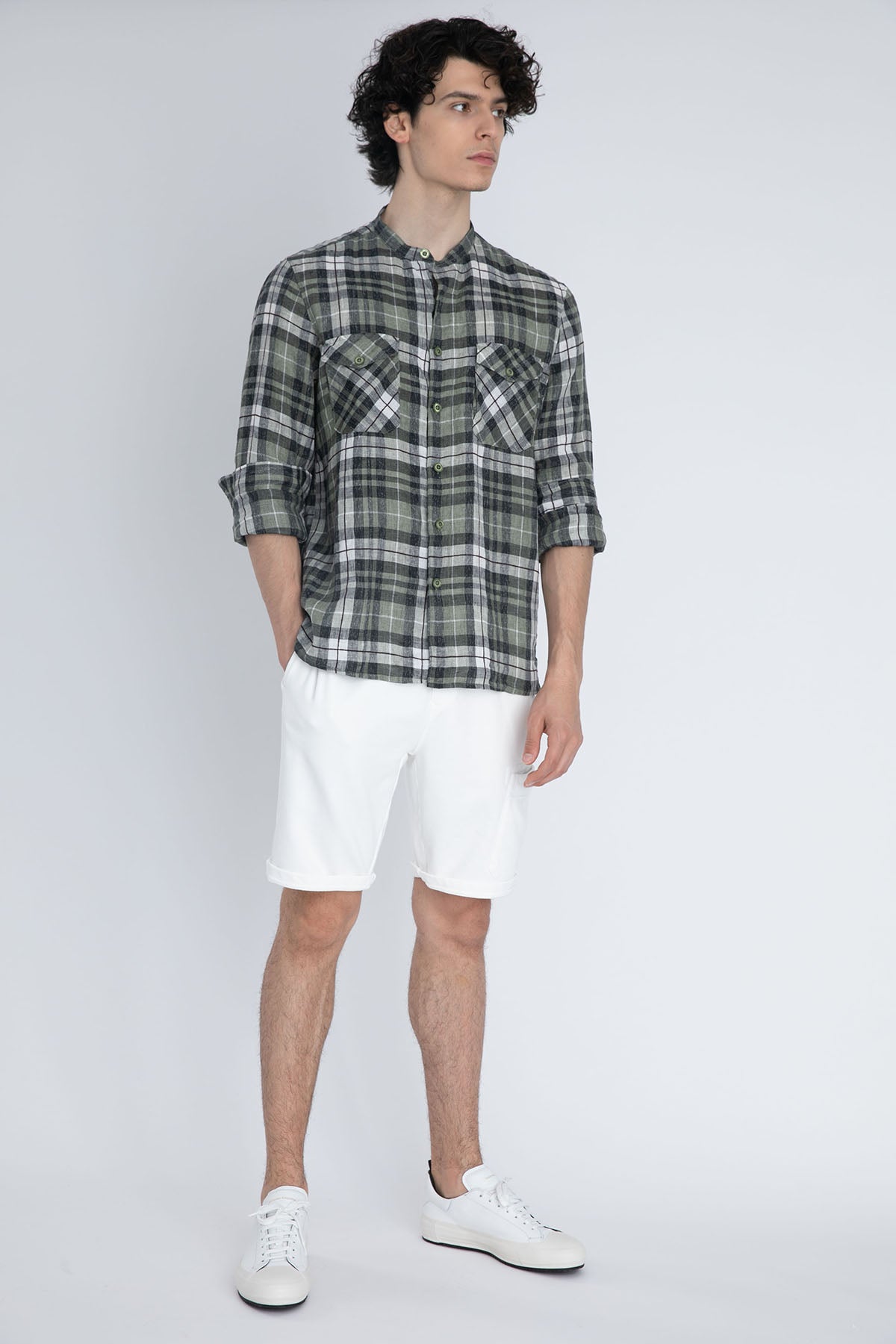 Fradi Hakim Yaka Ekoseli Streç Keten Gömlek-Libas Trendy Fashion Store