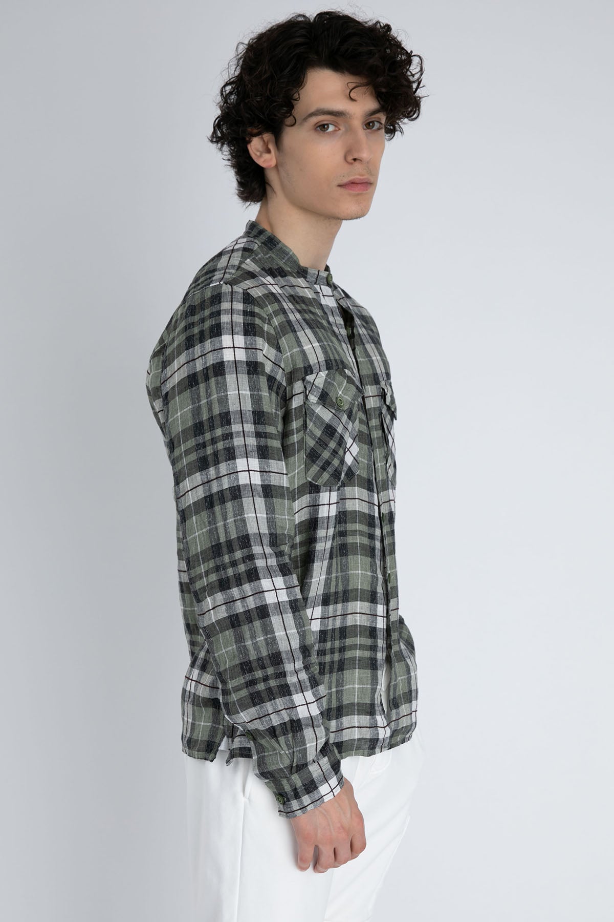 Fradi Hakim Yaka Ekoseli Streç Keten Gömlek-Libas Trendy Fashion Store