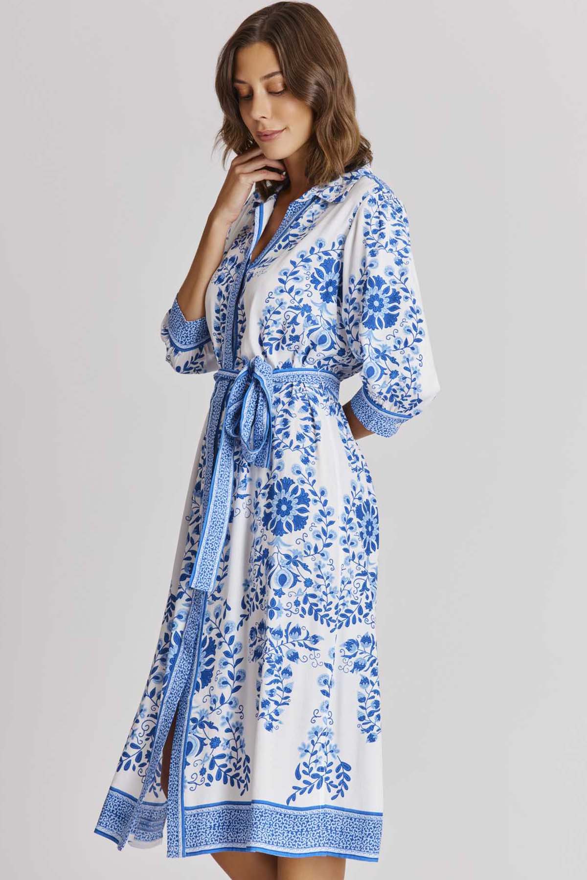 Rene Derhy Ajania Belden Kuşaklı Truvakar Kol Midi Gömlek Elbise-Libas Trendy Fashion Store