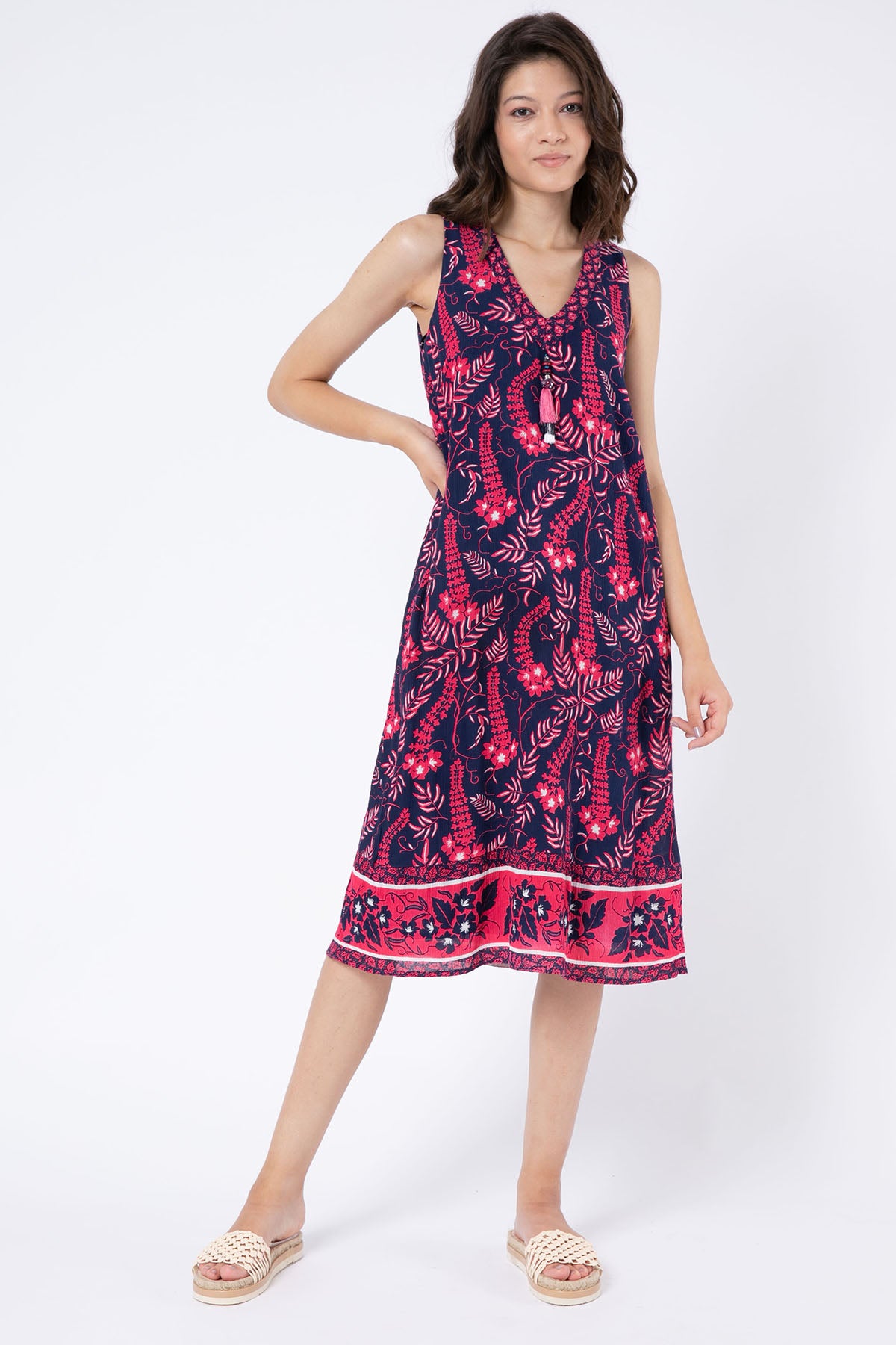 Rene Derhy Ajaccio V Yaka Çiçek Desenli Midi Elbise-Libas Trendy Fashion Store