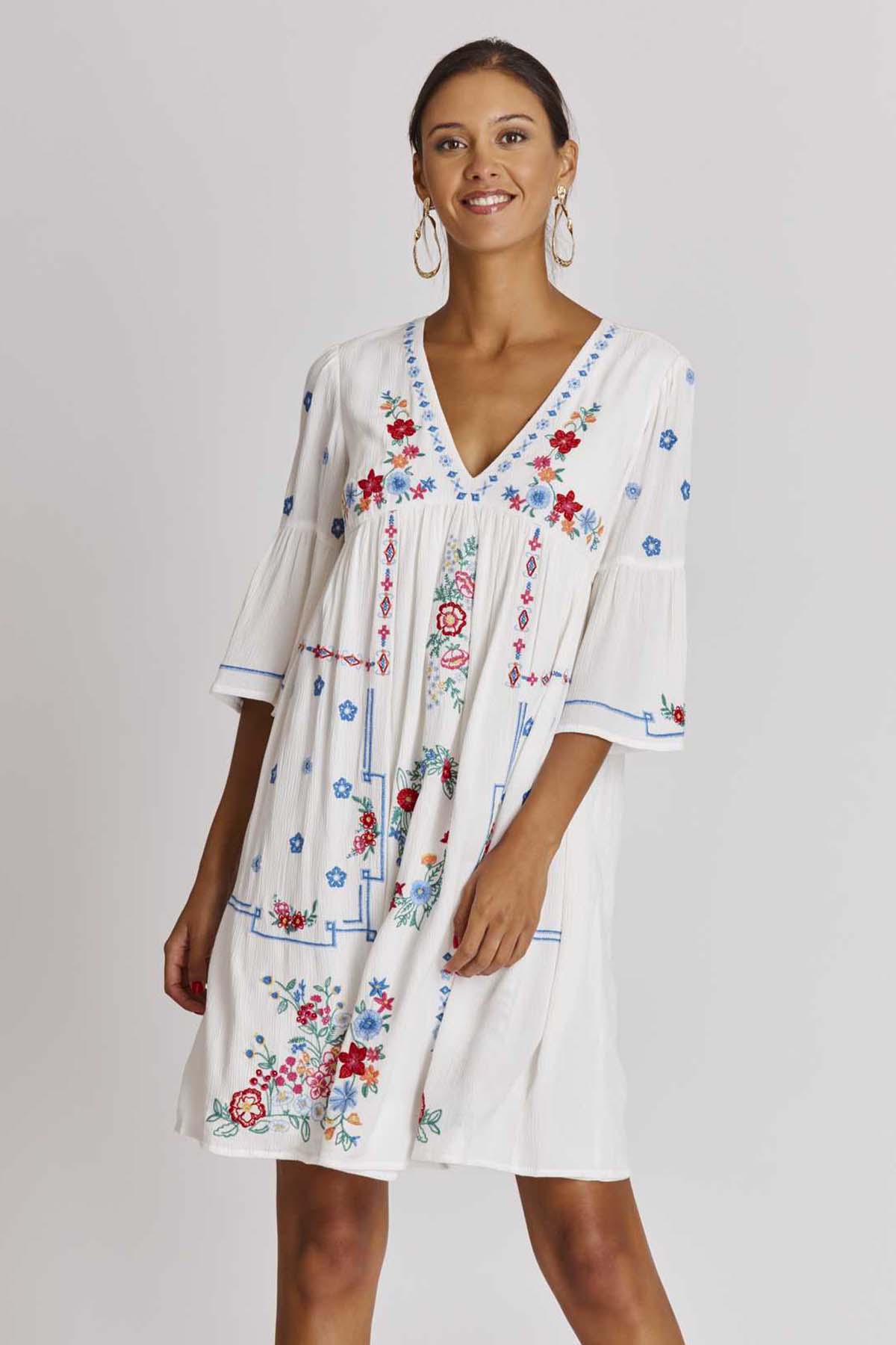 Rene Derhy Baxter Renkli Nakış Desenli Dizüstü Elbise-Libas Trendy Fashion Store