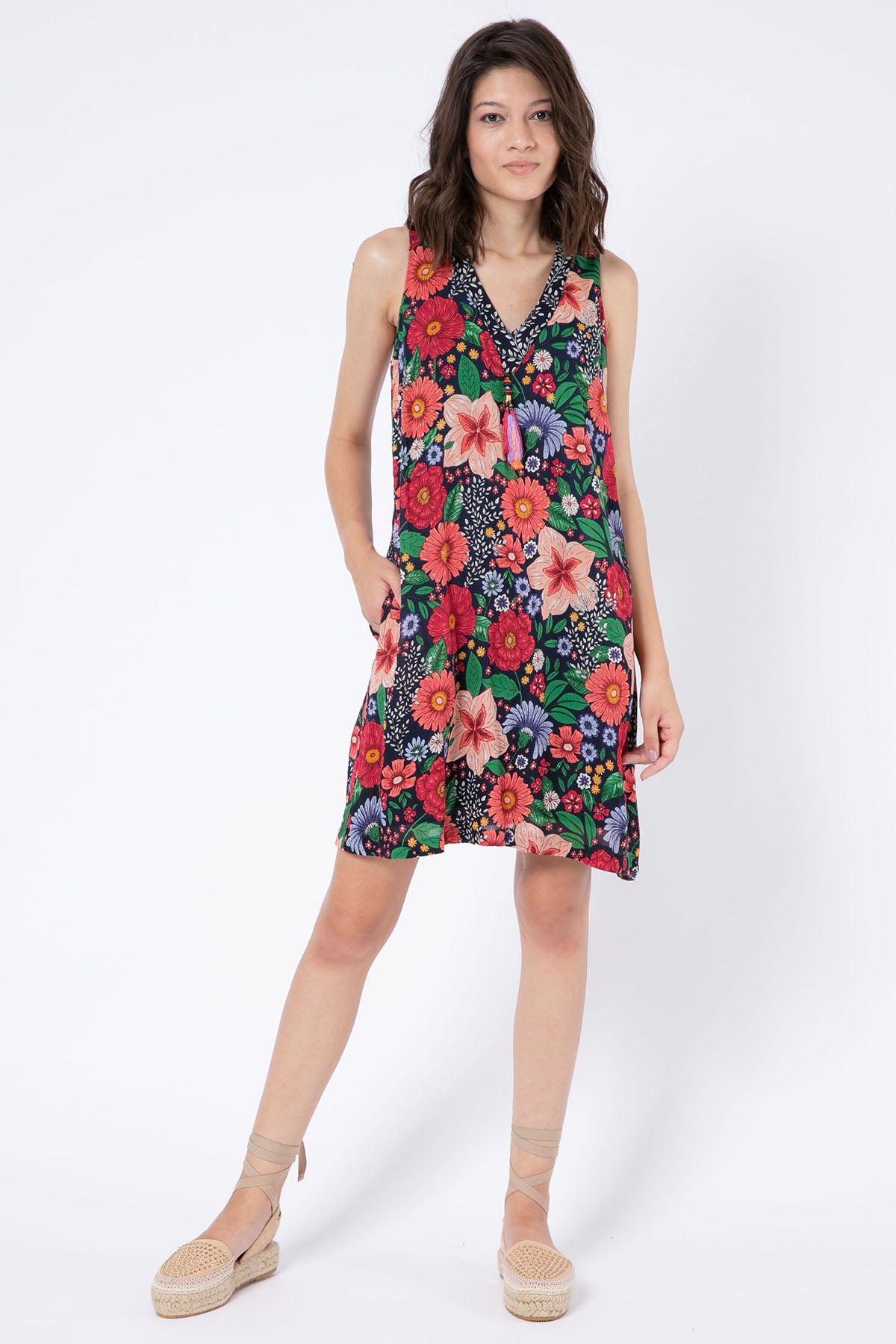 Rene Derhy Ancolie Çiçek Desenli Kolsuz Elbise-Libas Trendy Fashion Store