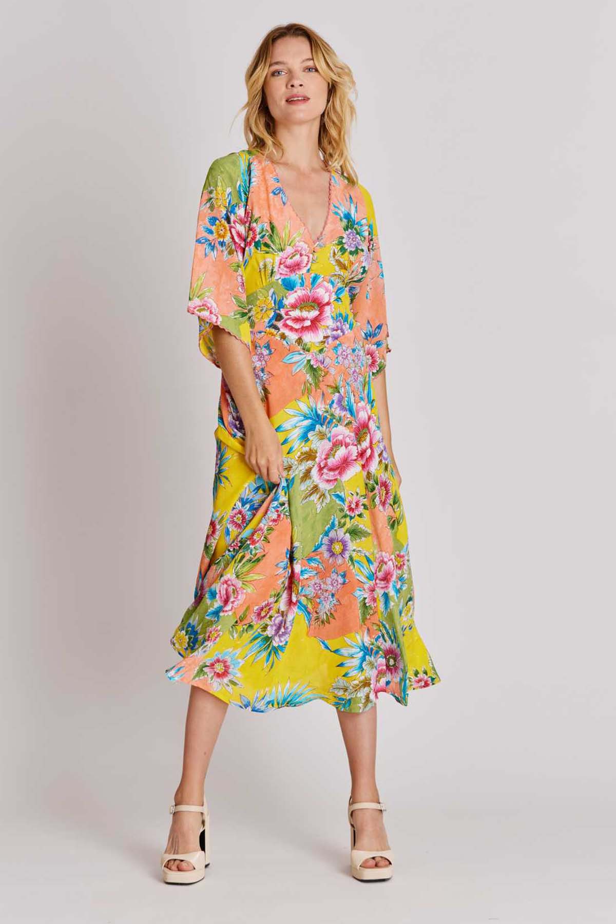 Rene Derhy Amanthe Renkli Çiçek Desenli Midi Elbise-Libas Trendy Fashion Store