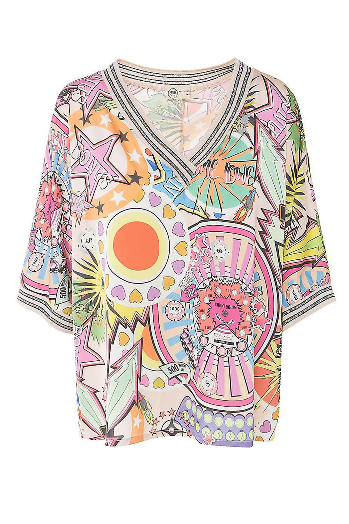 Bsb Renkli Desenli Geniş Kesim V Yaka Bluz-Libas Trendy Fashion Store