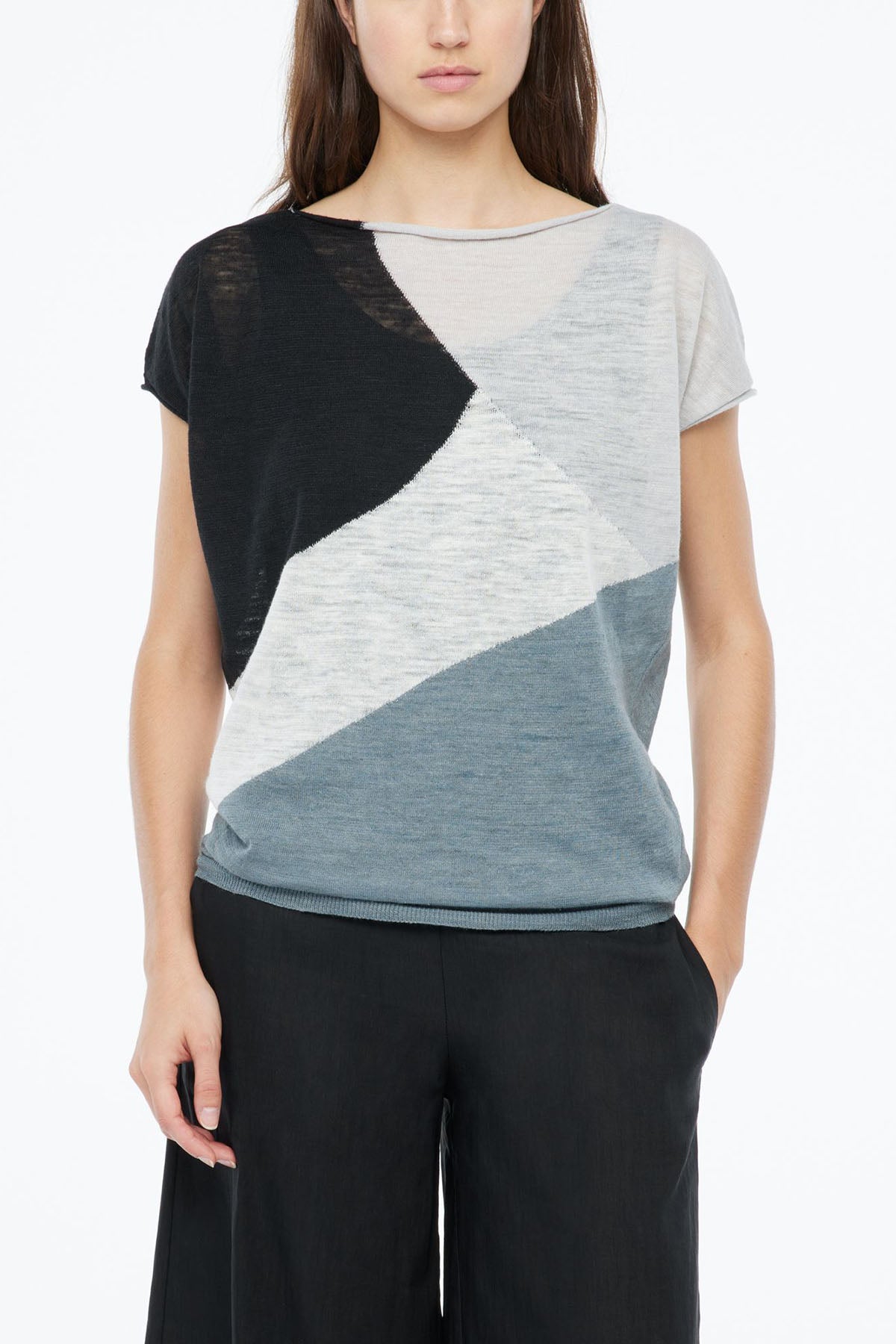 Sarah Pacini Ketenli Kayık Yaka Renkli Örme Bluz-Libas Trendy Fashion Store