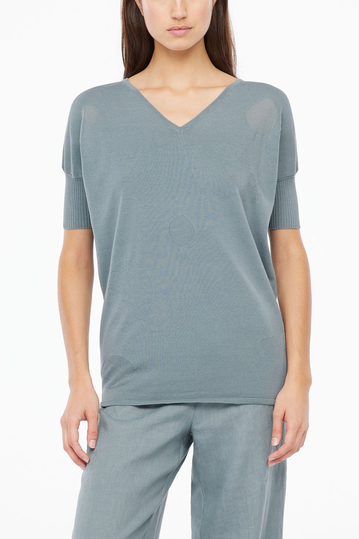 Sarah Pacini Yakma Dairesel Dokulu V Yaka Örme Bluz-Libas Trendy Fashion Store