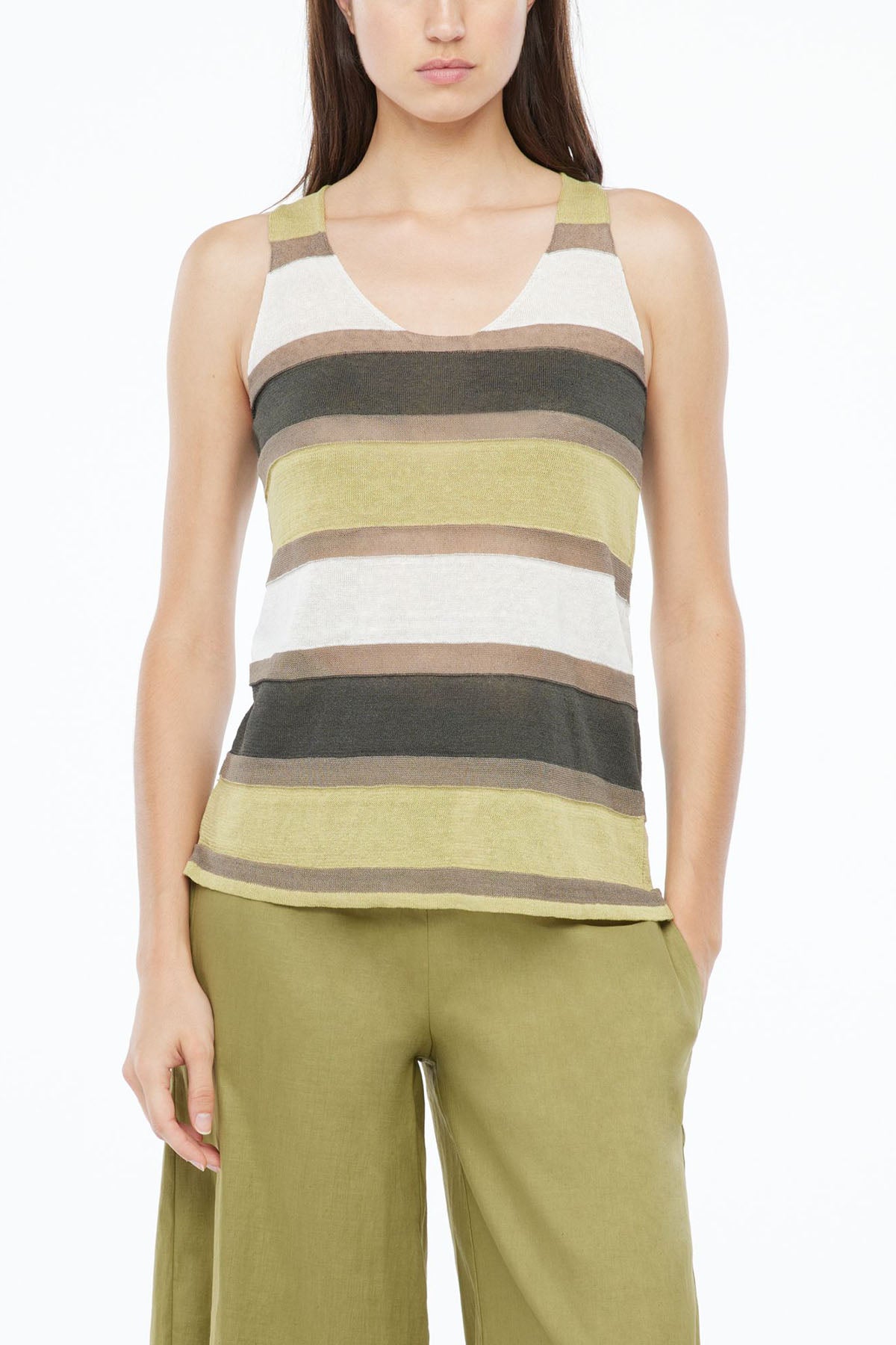 Sarah Pacini Renk Bloklu Kolsuz Keten Bluz-Libas Trendy Fashion Store