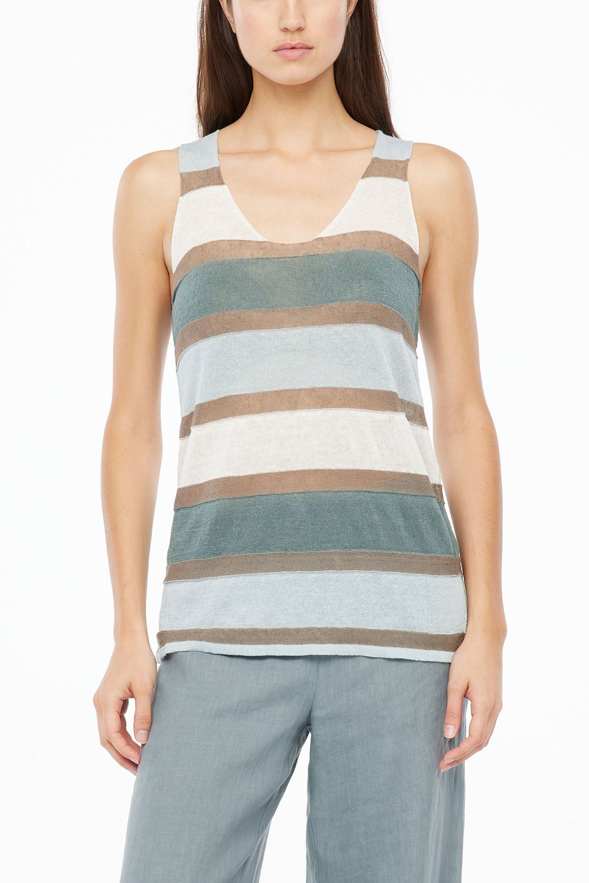 Sarah Pacini Renk Bloklu Kolsuz Keten Bluz-Libas Trendy Fashion Store