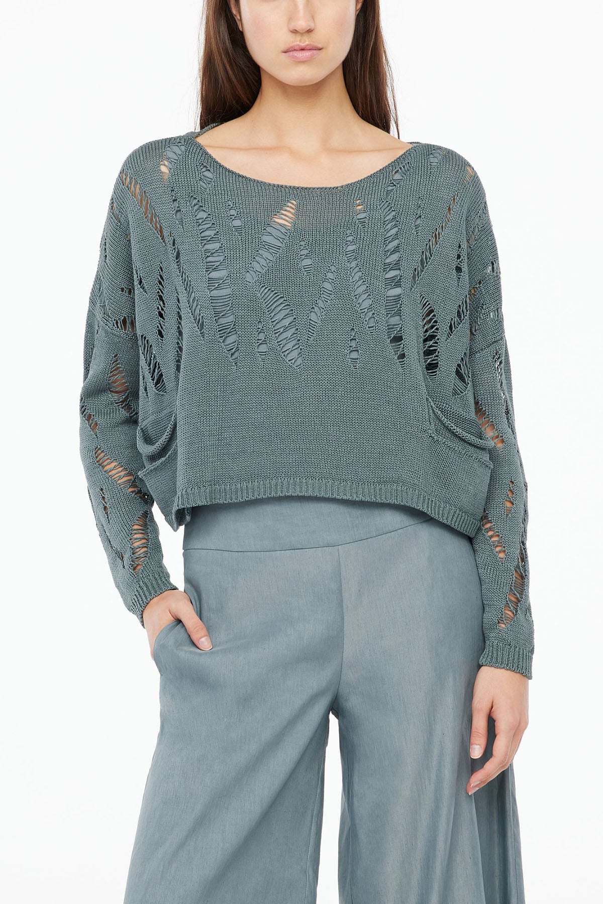 Sarah Pacini Geniş Kesim Kayık Yaka Crop Örme Triko-Libas Trendy Fashion Store