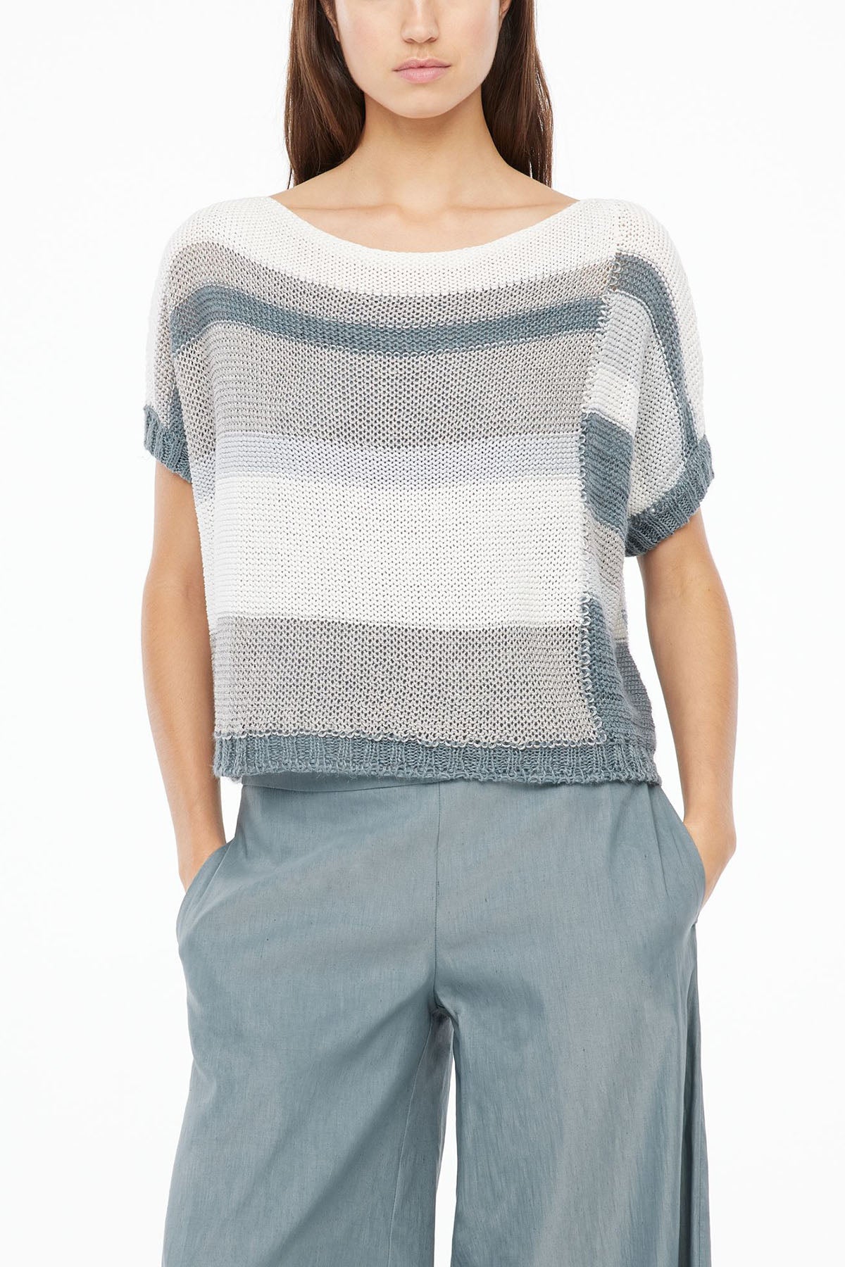 Sarah Pacini Geniş Kesim Ketenli Kayık Yaka Örme Triko-Libas Trendy Fashion Store