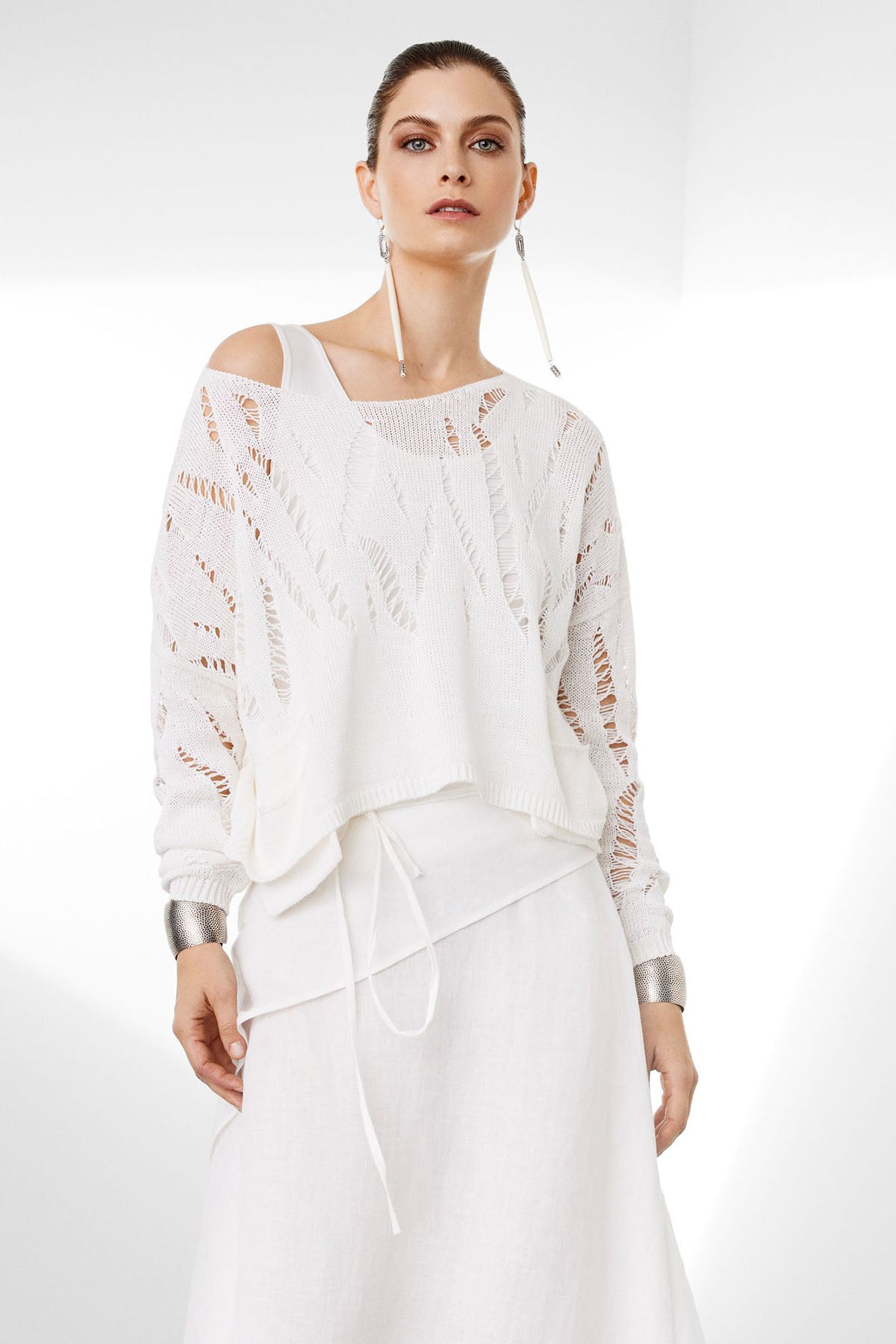 Sarah Pacini Geniş Kesim Kayık Yaka Crop Örme Triko-Libas Trendy Fashion Store