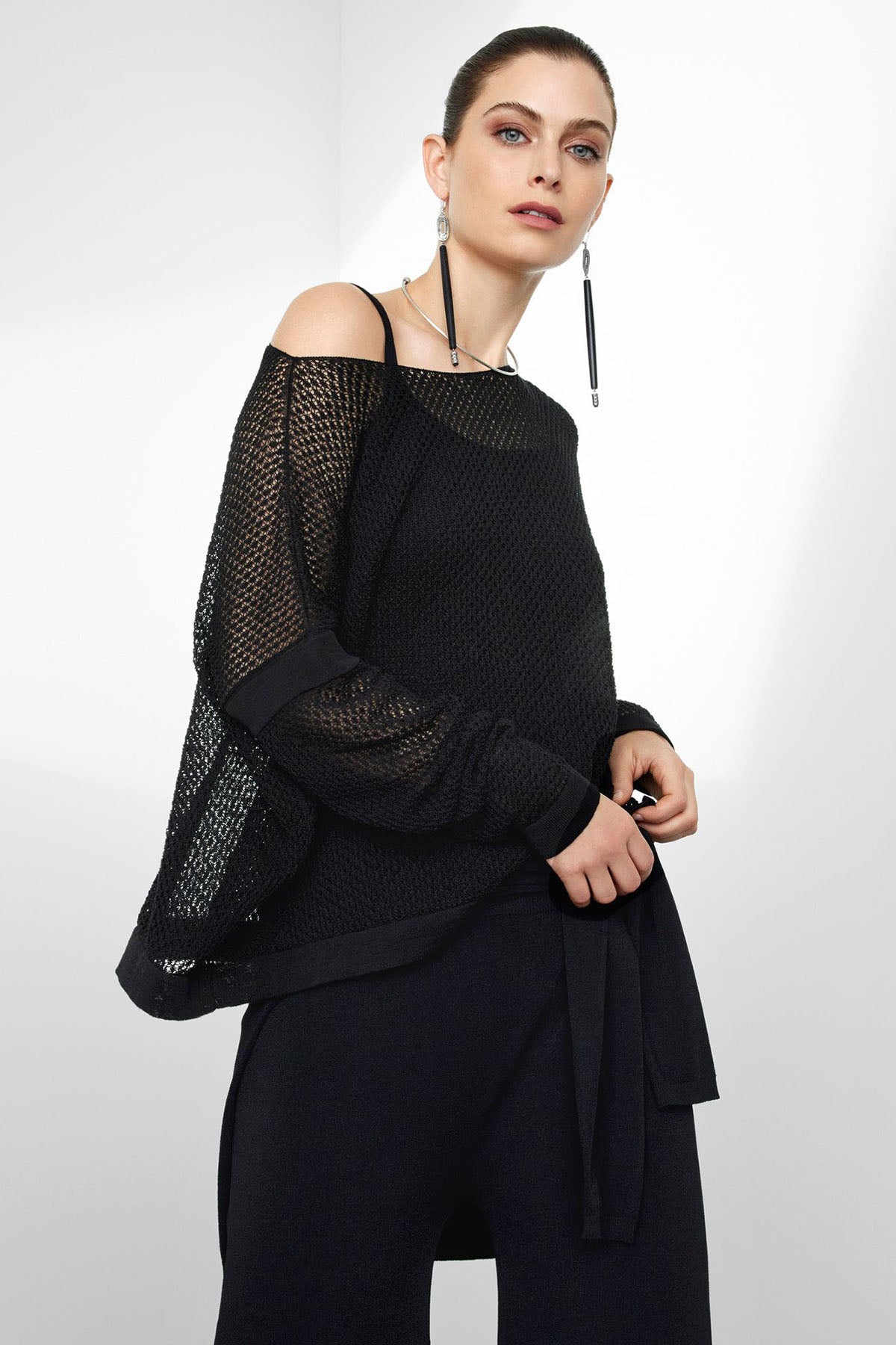 Sarah Pacini Geniş Kesim Kayık Yaka Örme Keten Triko-Libas Trendy Fashion Store