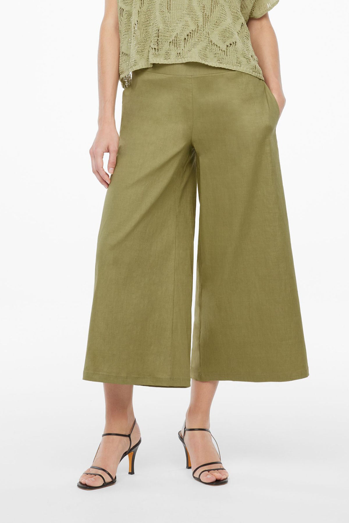 Sarah Pacini Geniş Kesim Streç Keten Crop Pantolon-Libas Trendy Fashion Store