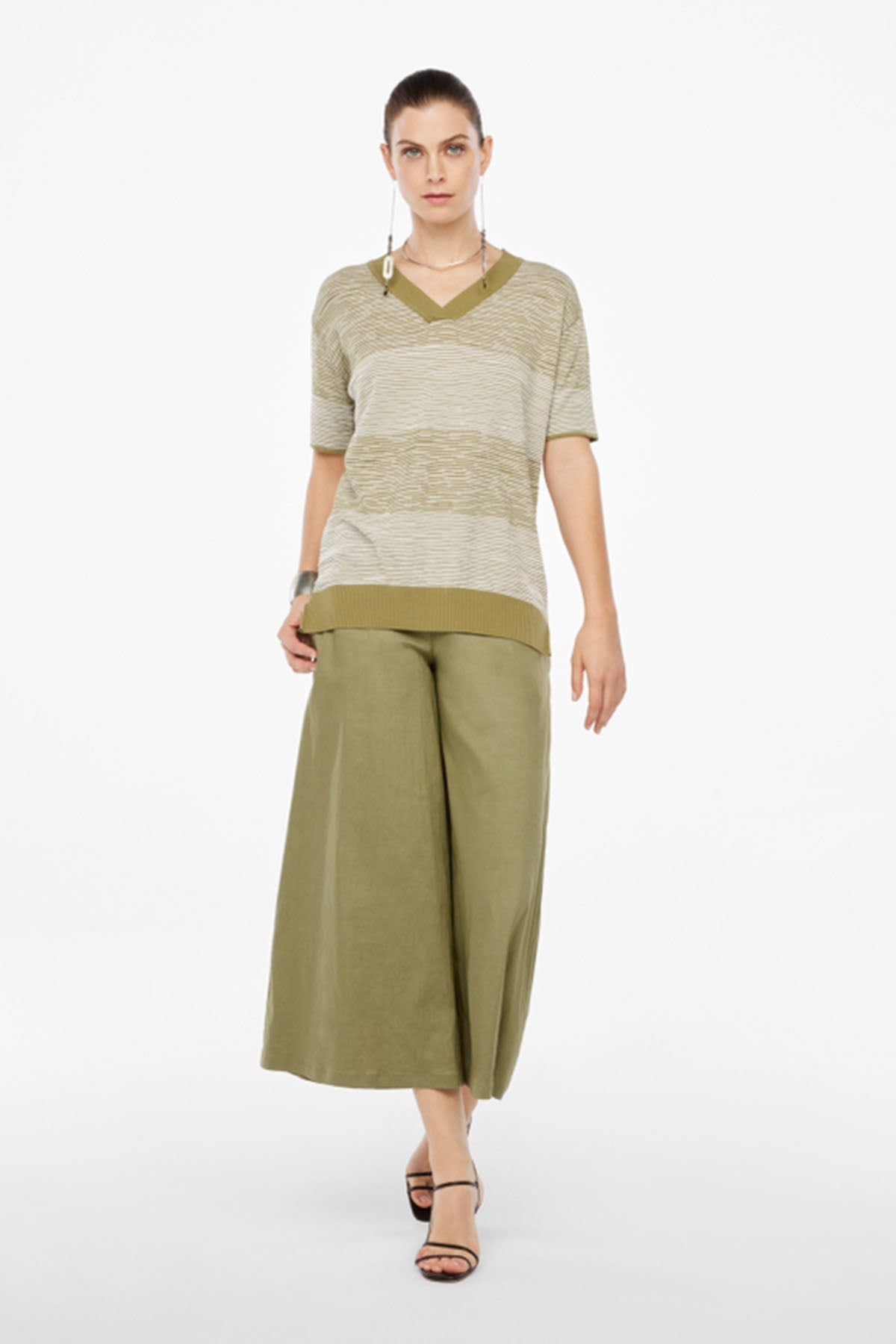 Sarah Pacini Geniş Kesim Streç Keten Crop Pantolon-Libas Trendy Fashion Store