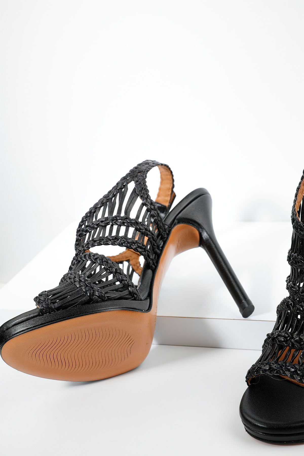 Albano Topuklu Örgü Deri Sandalet-Libas Trendy Fashion Store