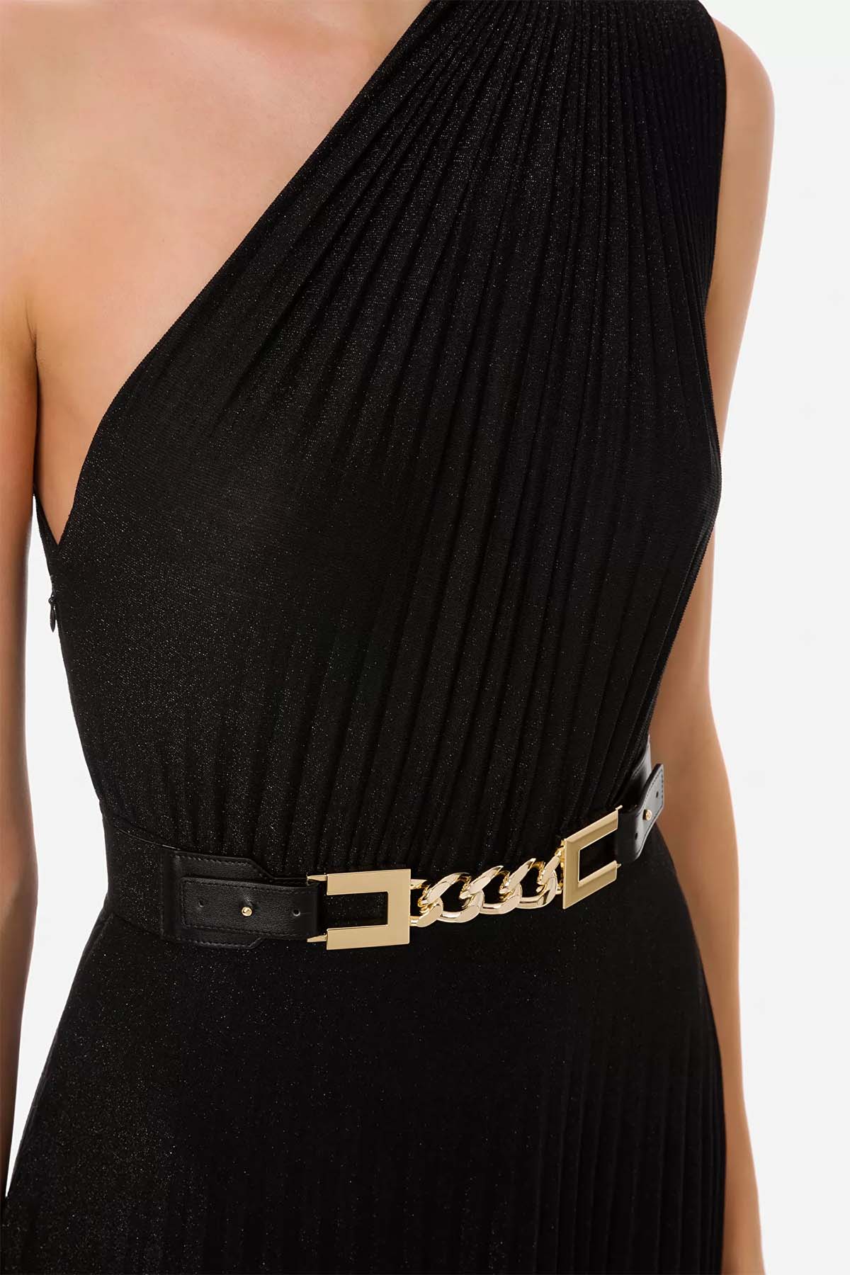 Elisabetta Franchi Kemerli Ve Piliseli Tek Omuz Uzun Elbise-Libas Trendy Fashion Store