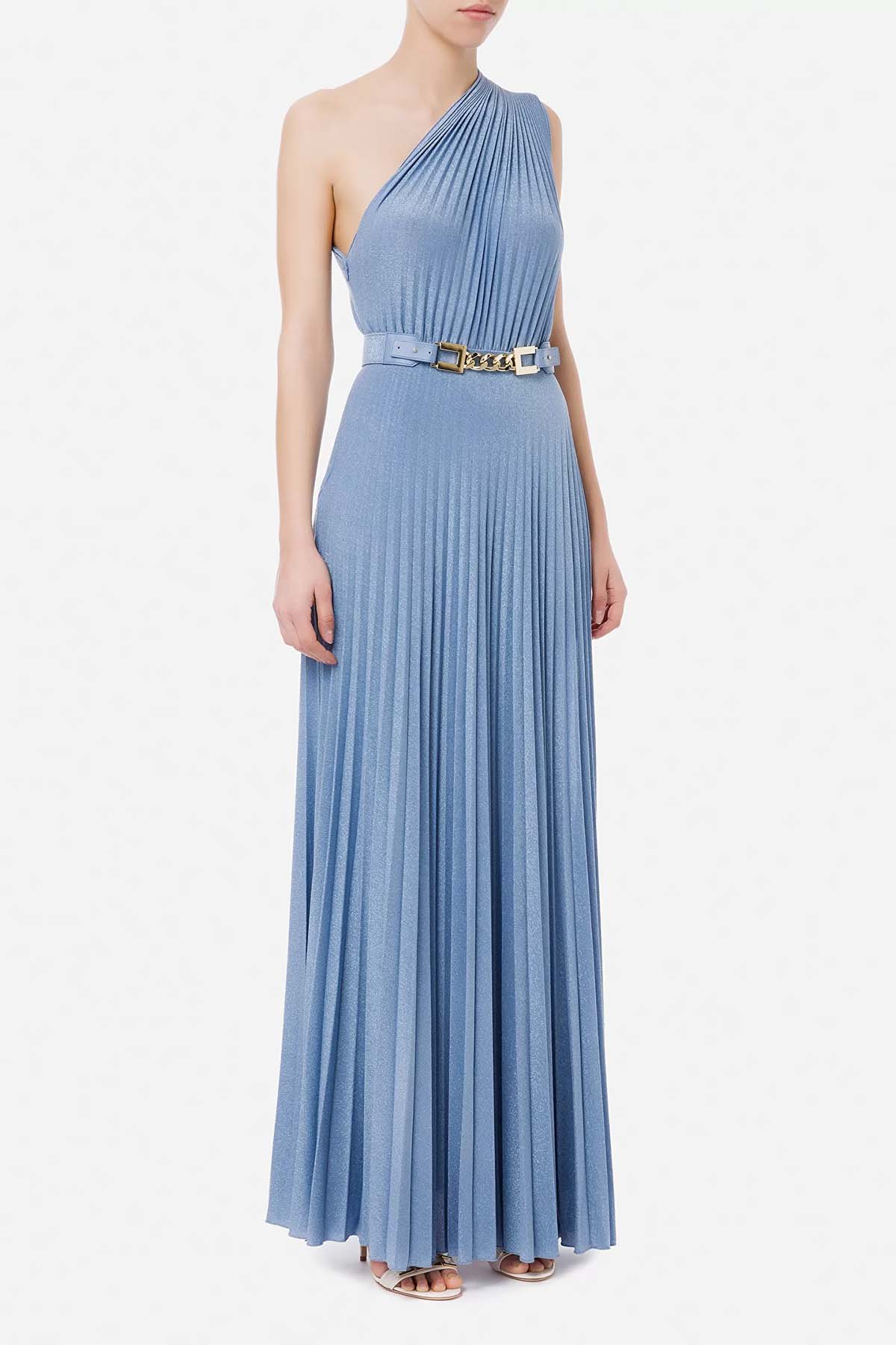 Elisabetta Franchi Kemerli Ve Piliseli Tek Omuz Uzun Elbise-Libas Trendy Fashion Store