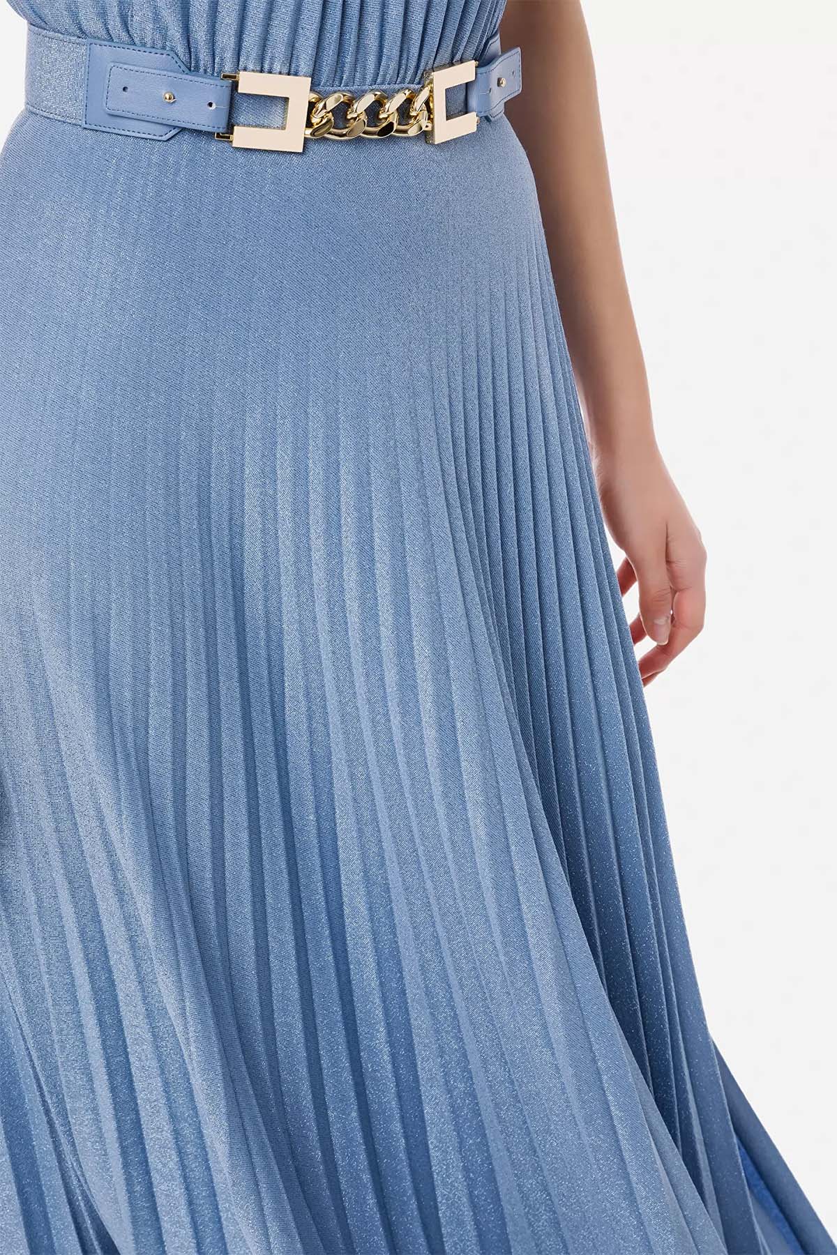 Elisabetta Franchi Kemerli Ve Piliseli Tek Omuz Uzun Elbise-Libas Trendy Fashion Store