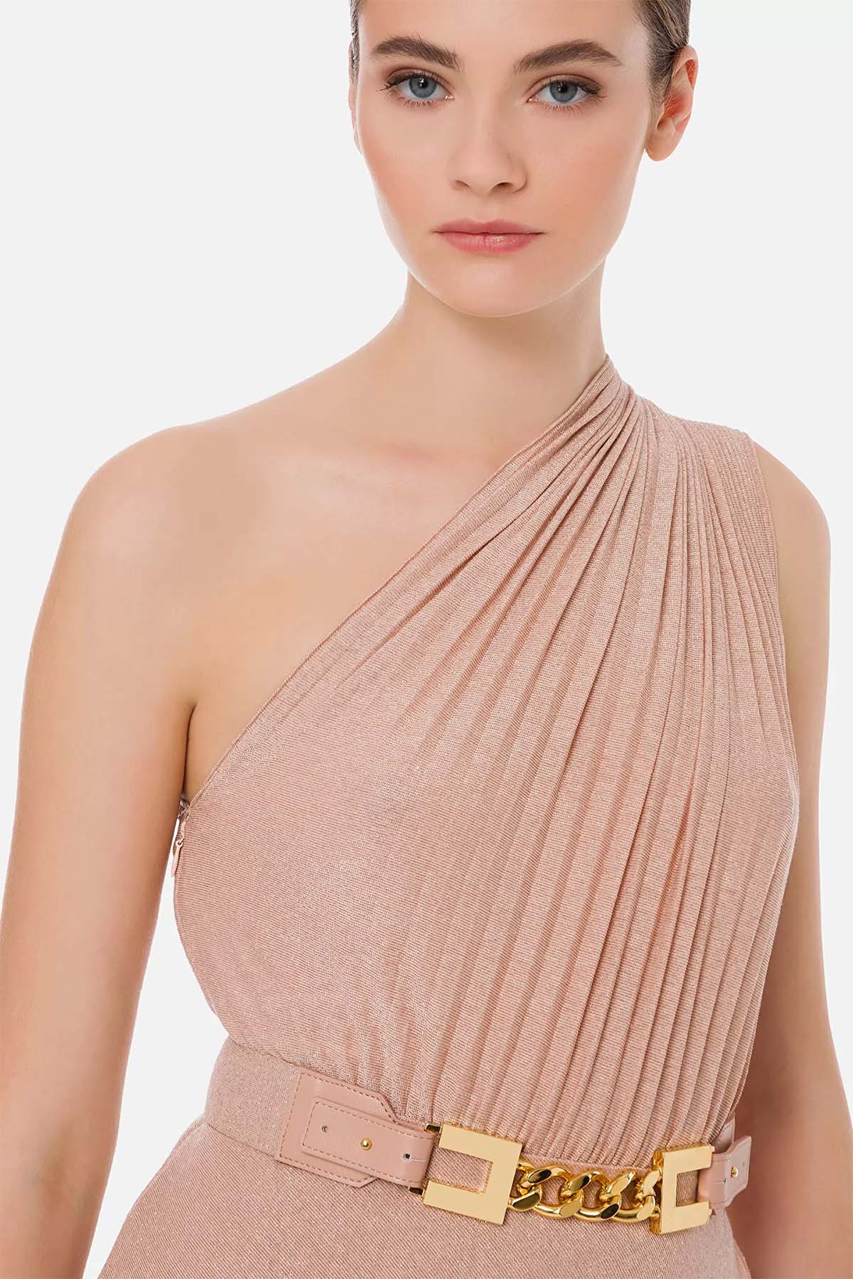 Elisabetta Franchi Kemerli Ve Piliseli Tek Omuz Uzun Elbise-Libas Trendy Fashion Store