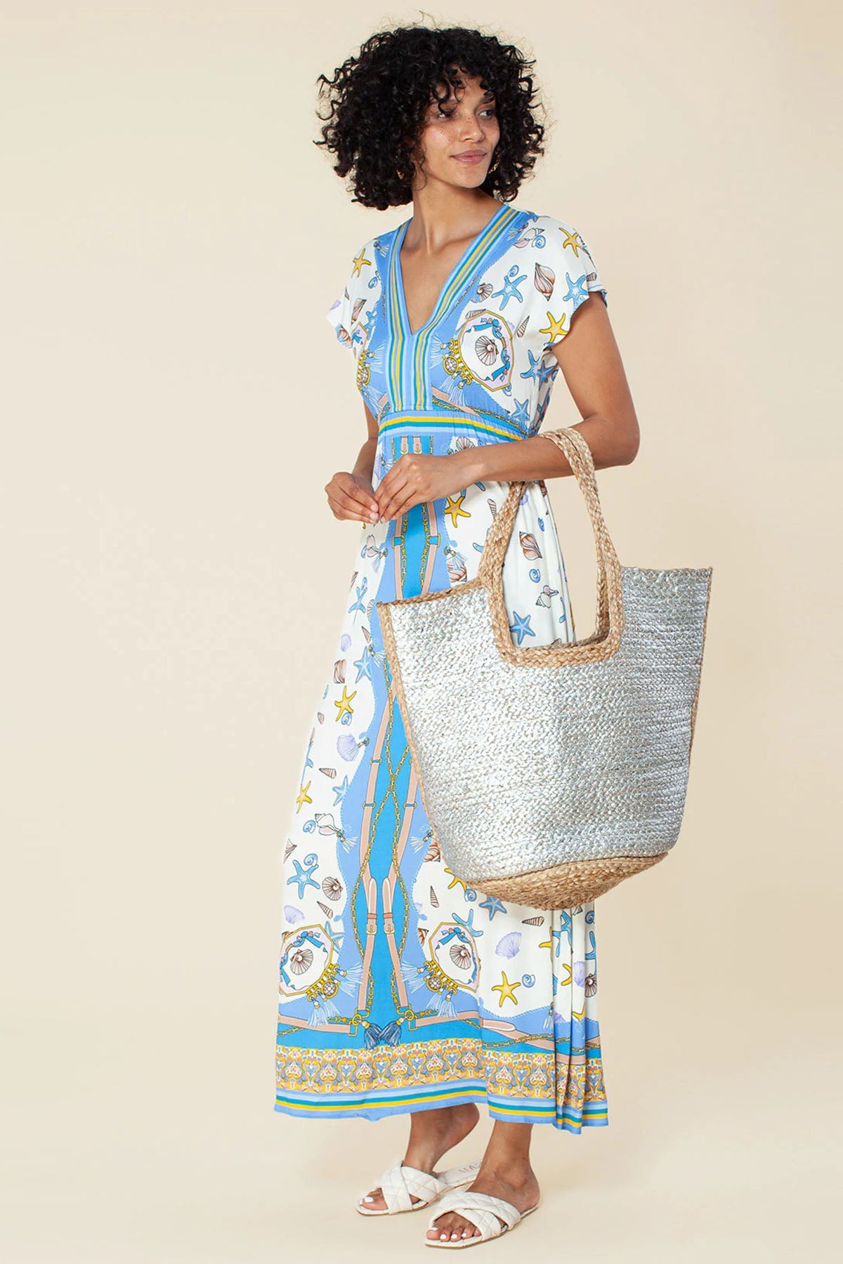 Hale Bob V Yaka Desenli Maxi Elbise-Libas Trendy Fashion Store