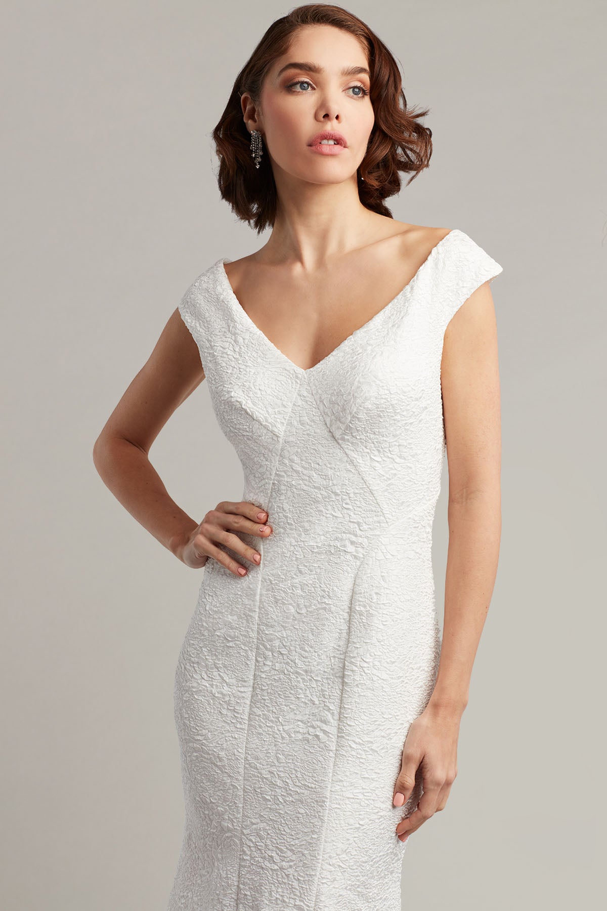 Tadashi Shoji V Yaka Jakarlı Midi Abiye Elbise-Libas Trendy Fashion Store