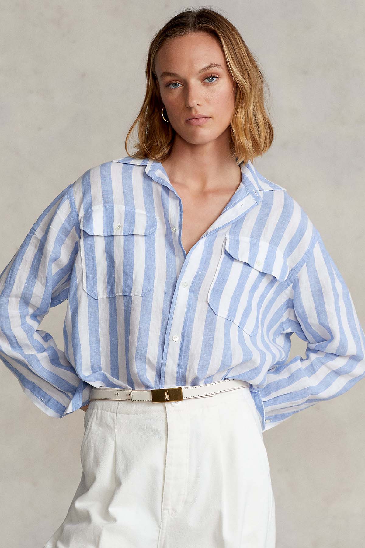 Polo Ralph Lauren Geniş Kesim Çizgili Büyük Cepli Keten Gömlek-Libas Trendy Fashion Store
