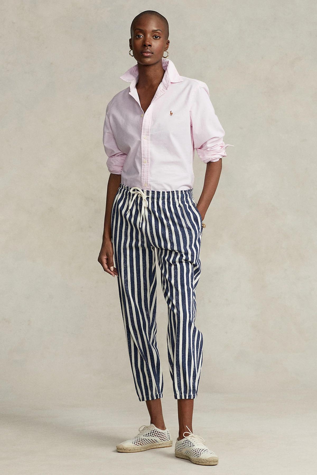 Polo Ralph Lauren Beli Lastikli Eskitme Efektli Marin Çizgili Pantolon-Libas Trendy Fashion Store