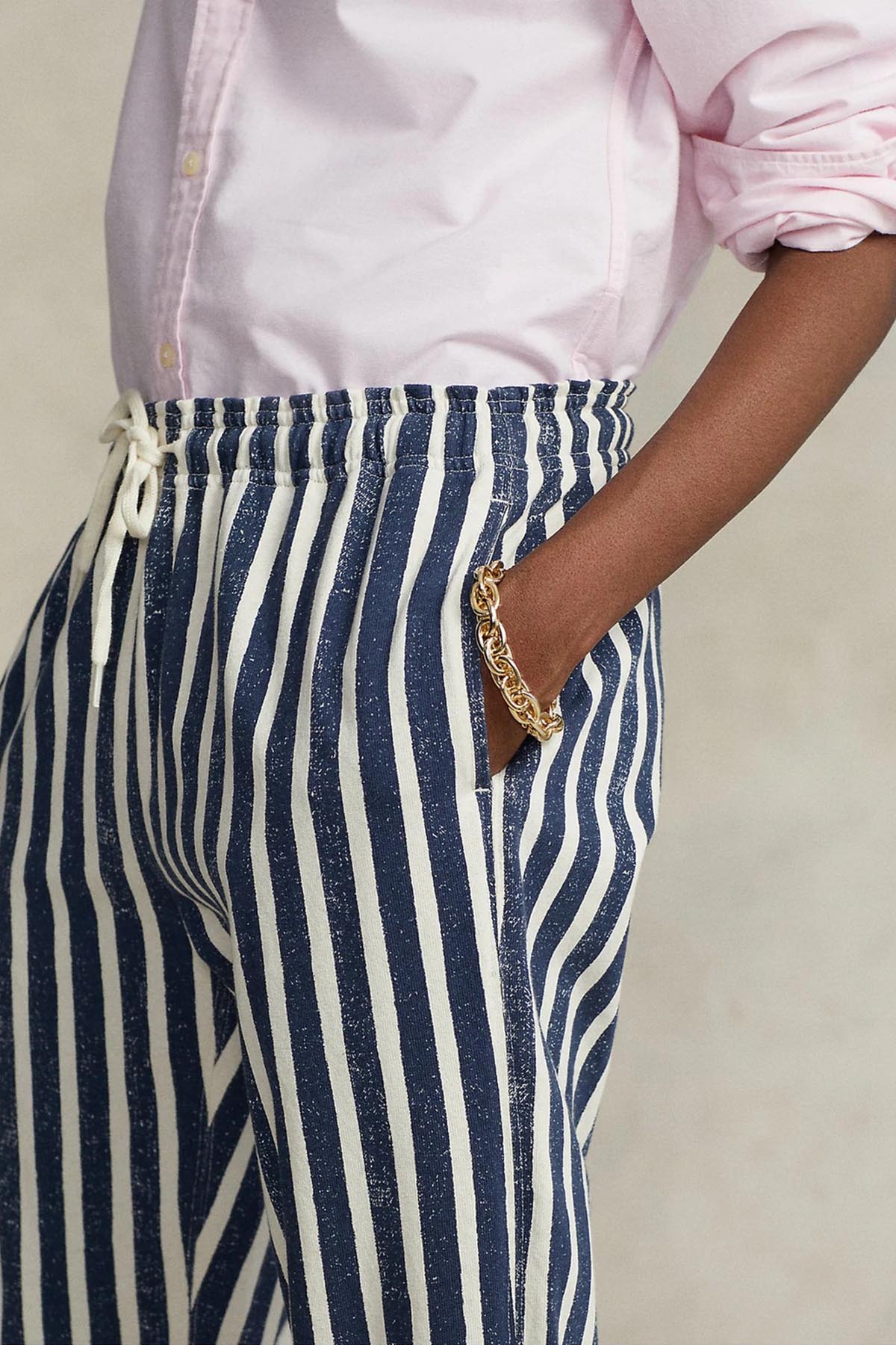 Polo Ralph Lauren Beli Lastikli Eskitme Efektli Marin Çizgili Pantolon-Libas Trendy Fashion Store