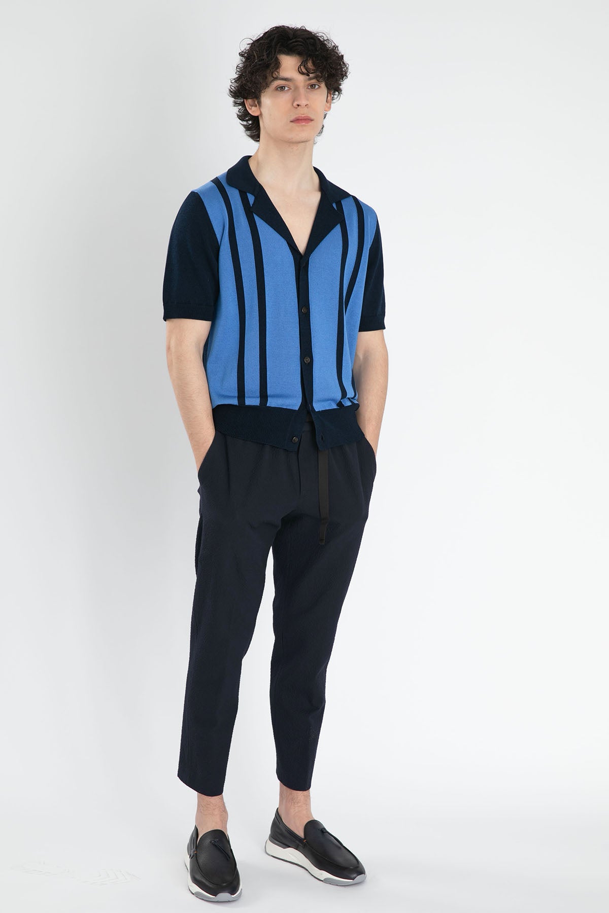 Pantaloni Torino Kamp Yaka Çizgili Örgü Triko Ceket-Libas Trendy Fashion Store