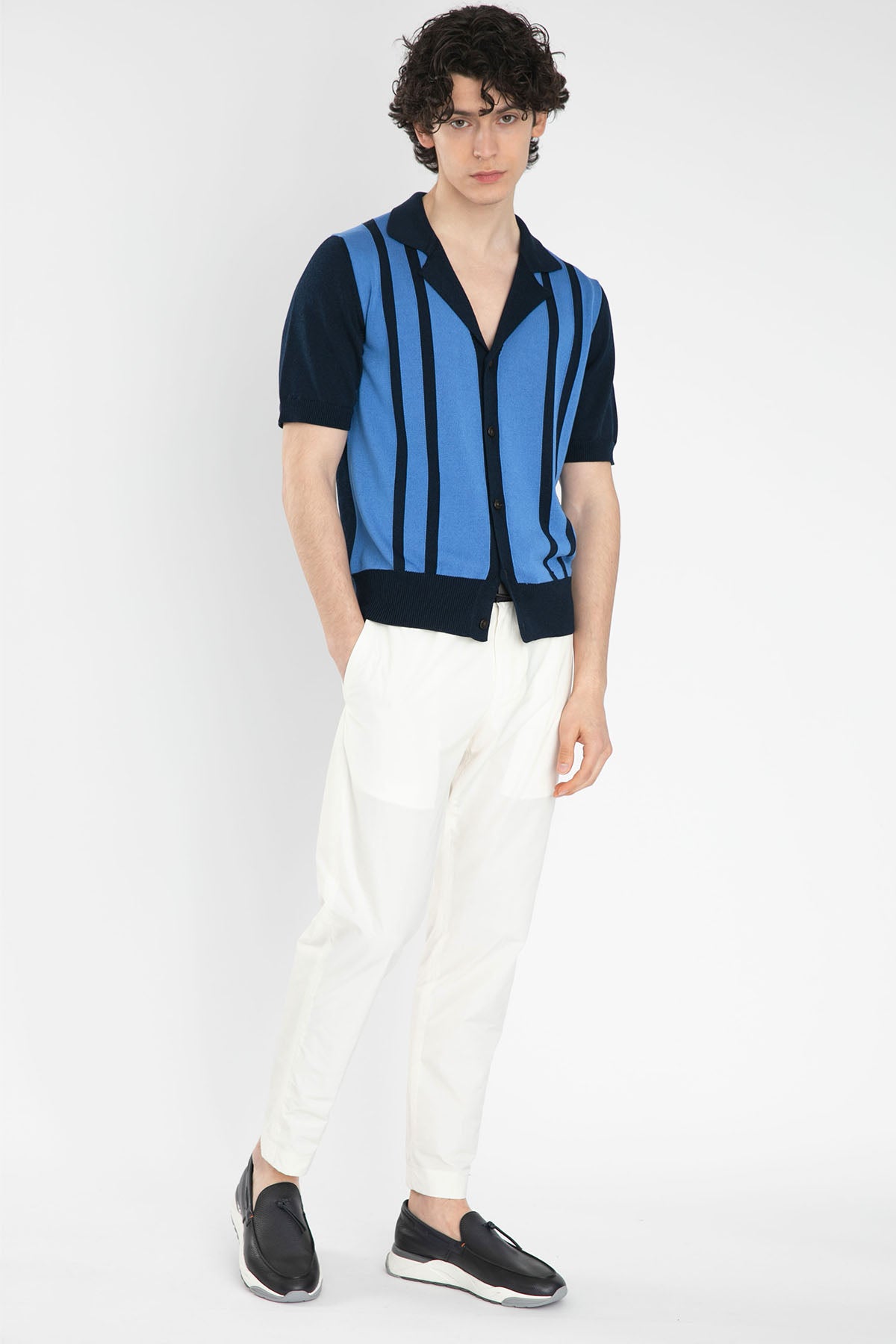 Pantaloni Torino Kamp Yaka Çizgili Örgü Triko Ceket-Libas Trendy Fashion Store