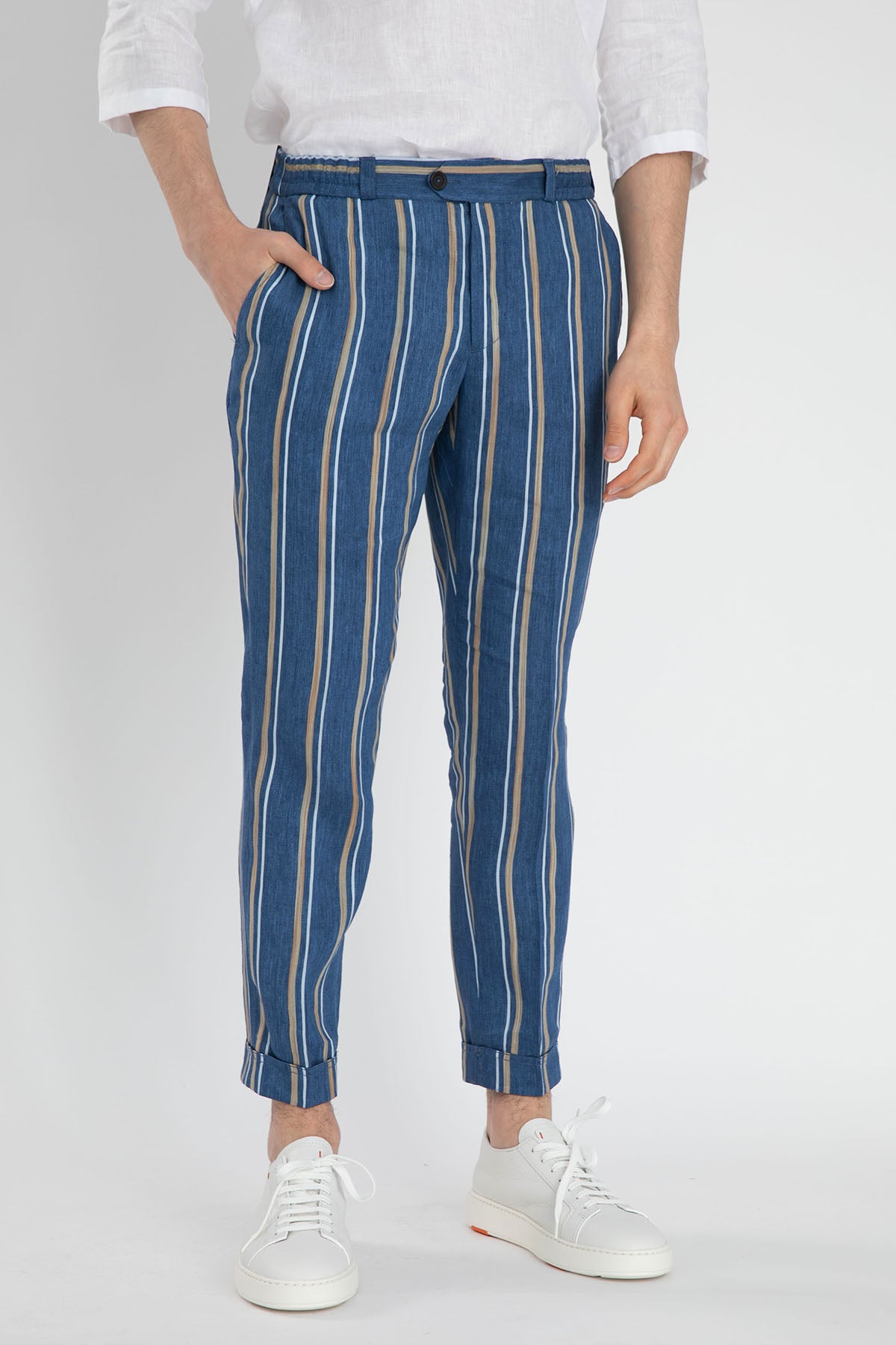 Pantaloni Torino Çizgili Beli Lastikli Keten Pantolon-Libas Trendy Fashion Store