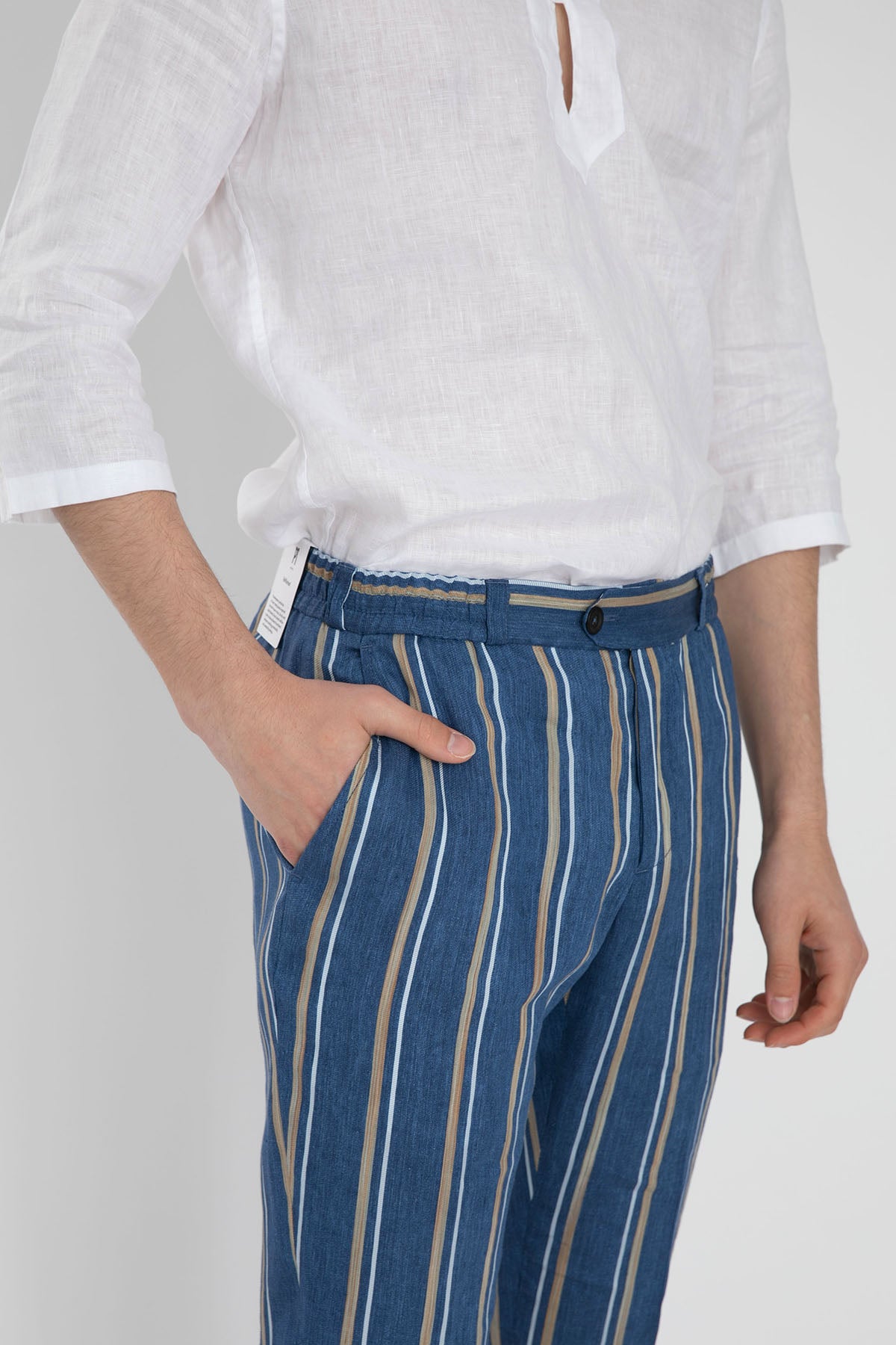 Pantaloni Torino Çizgili Beli Lastikli Keten Pantolon-Libas Trendy Fashion Store