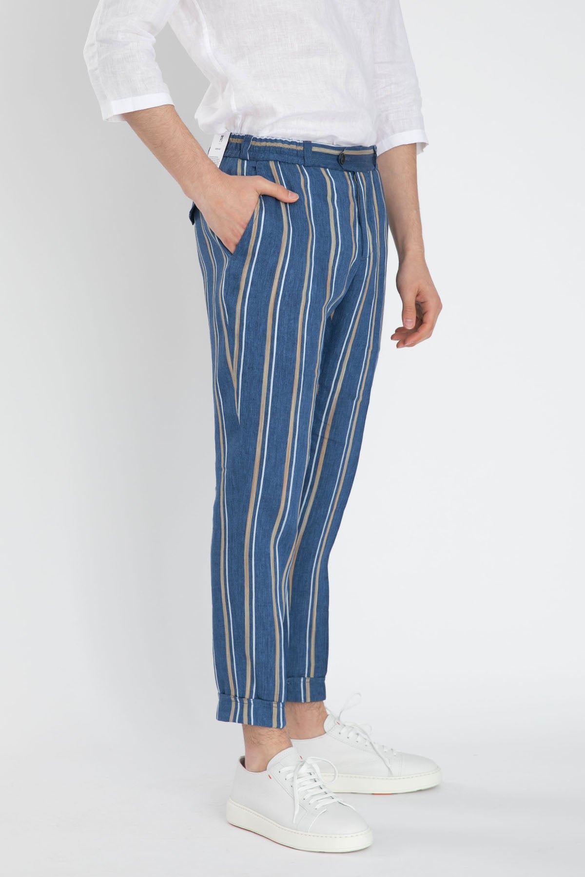 Pantaloni Torino Çizgili Beli Lastikli Keten Pantolon-Libas Trendy Fashion Store