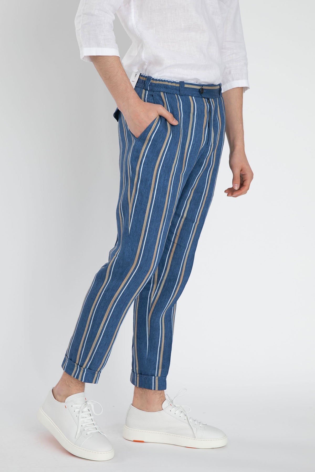 Pantaloni Torino Çizgili Beli Lastikli Keten Pantolon-Libas Trendy Fashion Store