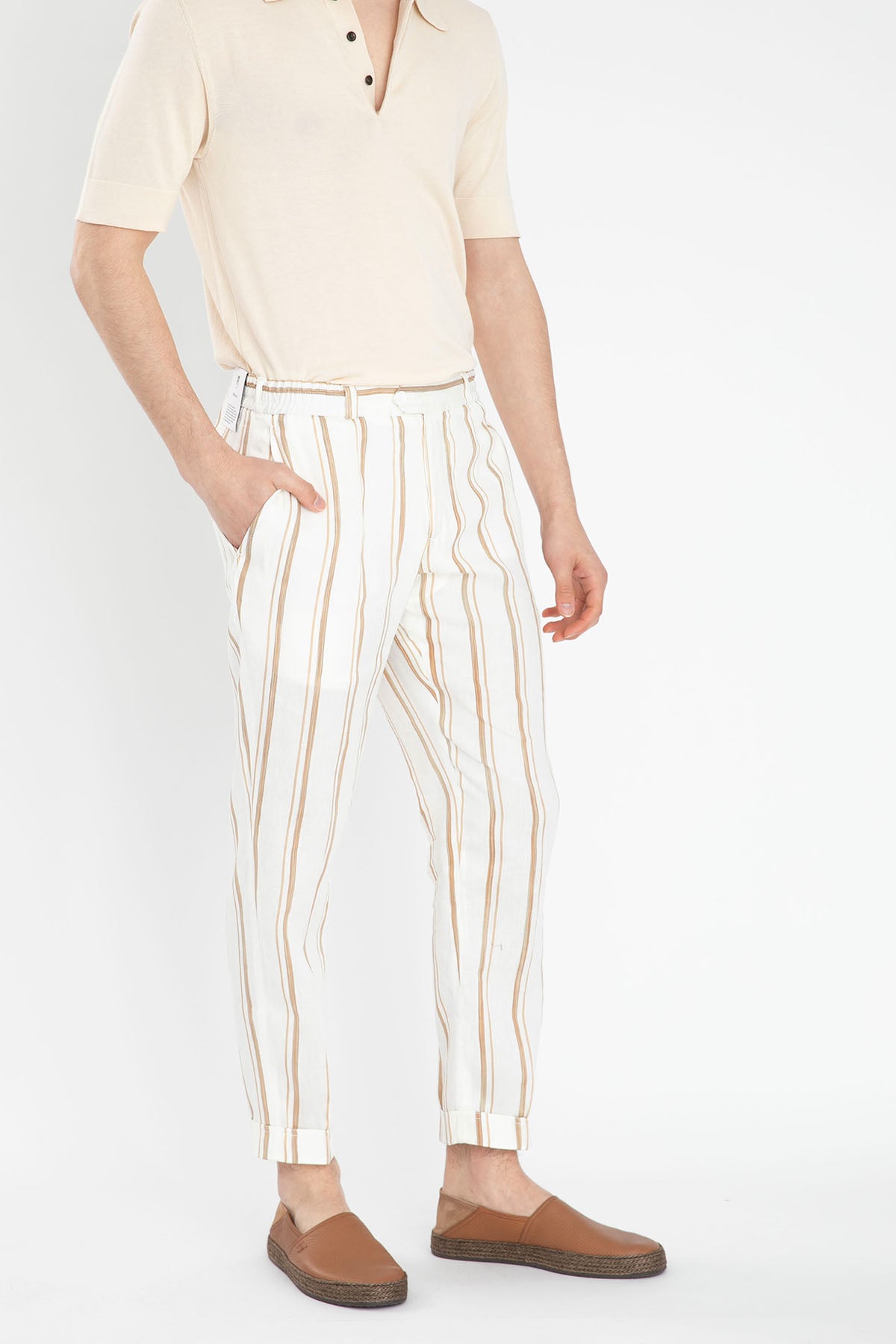 Pantaloni Torino Çizgili Beli Lastikli Keten Pantolon-Libas Trendy Fashion Store