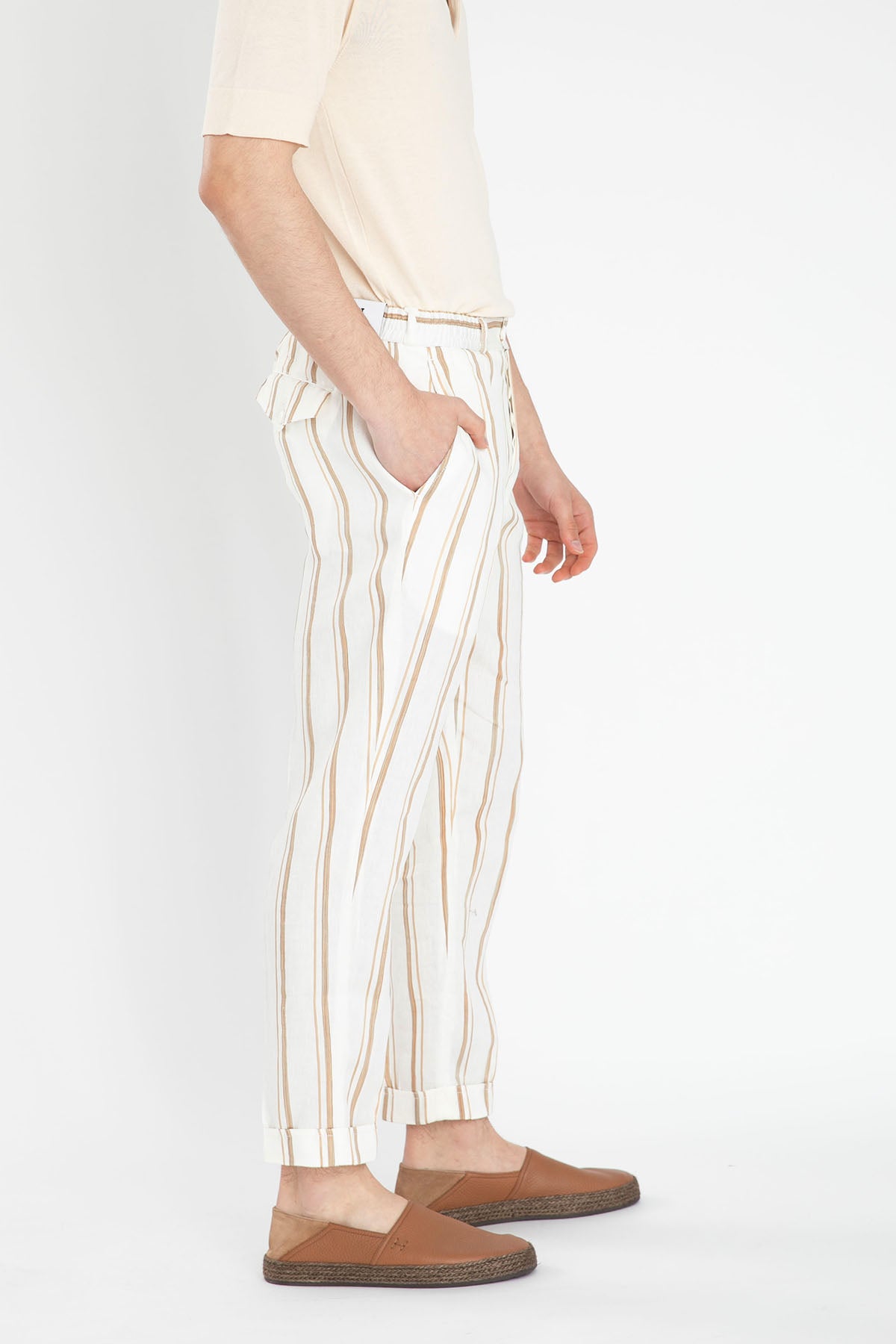 Pantaloni Torino Çizgili Beli Lastikli Keten Pantolon-Libas Trendy Fashion Store