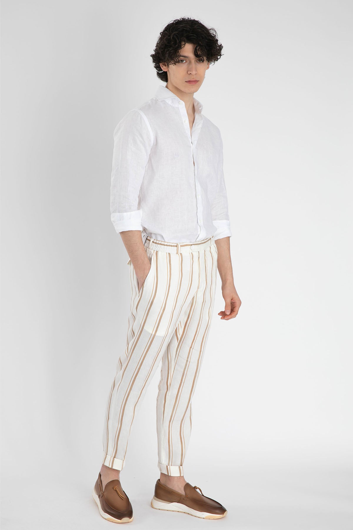 Pantaloni Torino Çizgili Beli Lastikli Keten Pantolon-Libas Trendy Fashion Store