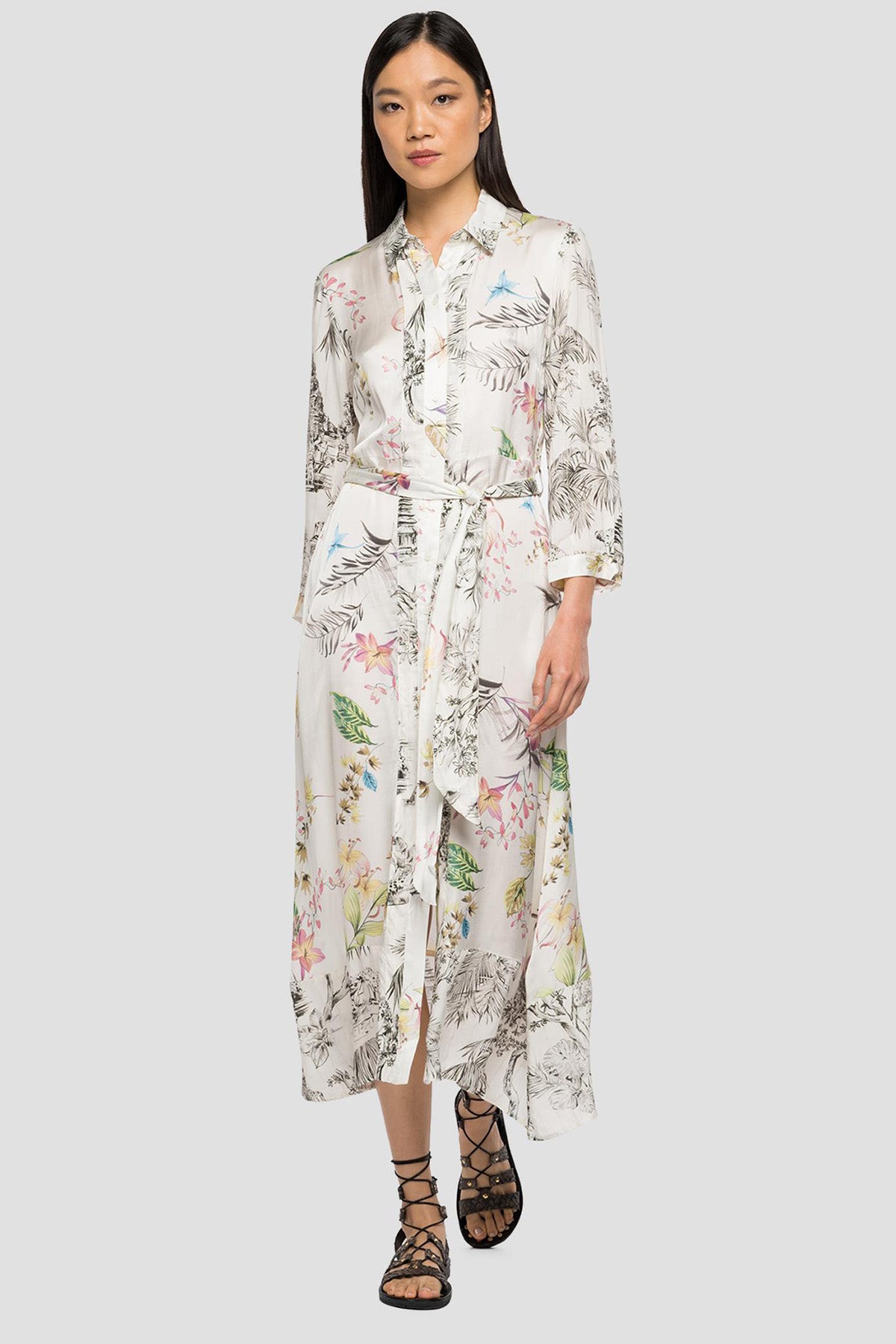 Replay Desenli Belden Kuşaklı Maxi Gömlek Elbise-Libas Trendy Fashion Store