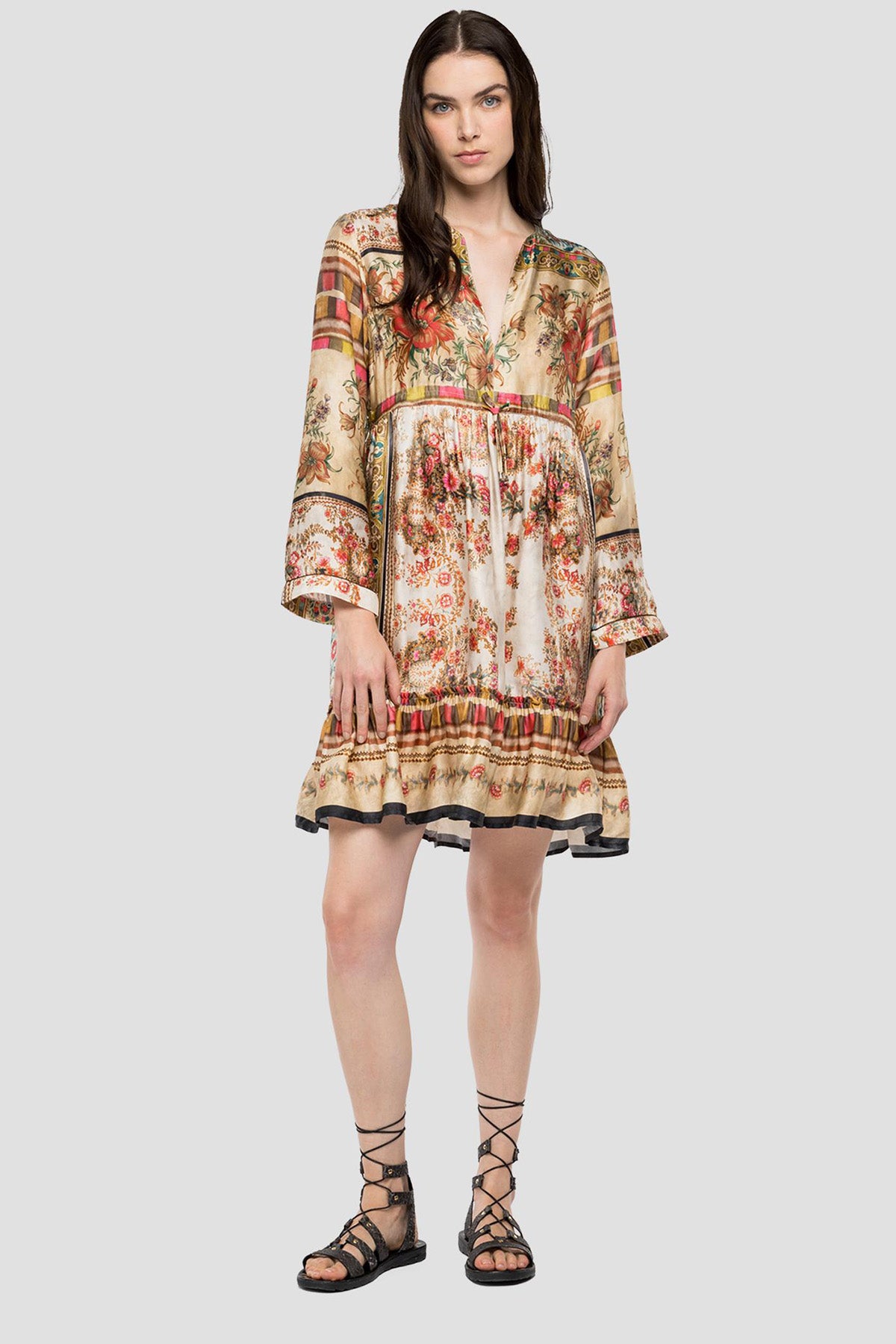 Replay Dizüstü Belden Büzgülü V Yaka Desenli Elbise-Libas Trendy Fashion Store