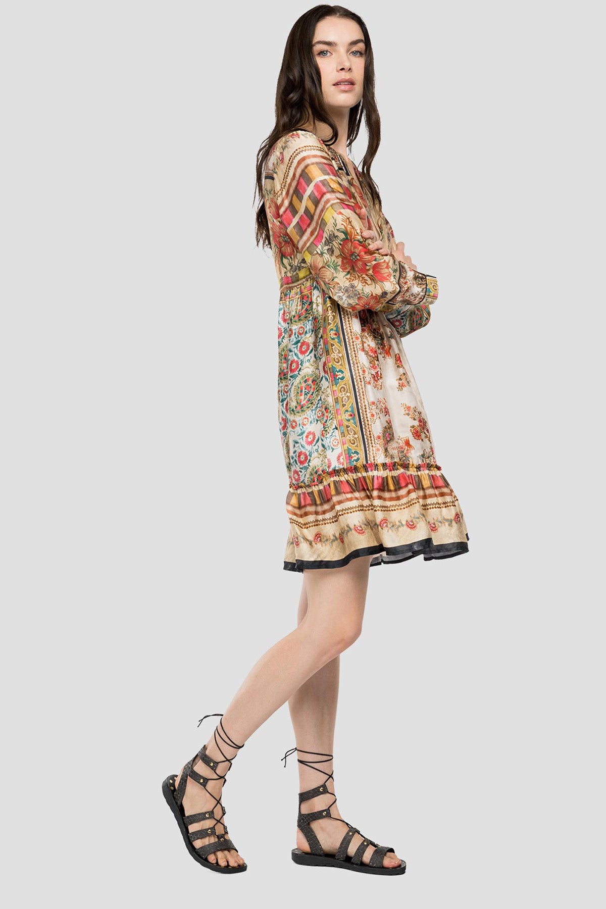 Replay Dizüstü Belden Büzgülü V Yaka Desenli Elbise-Libas Trendy Fashion Store