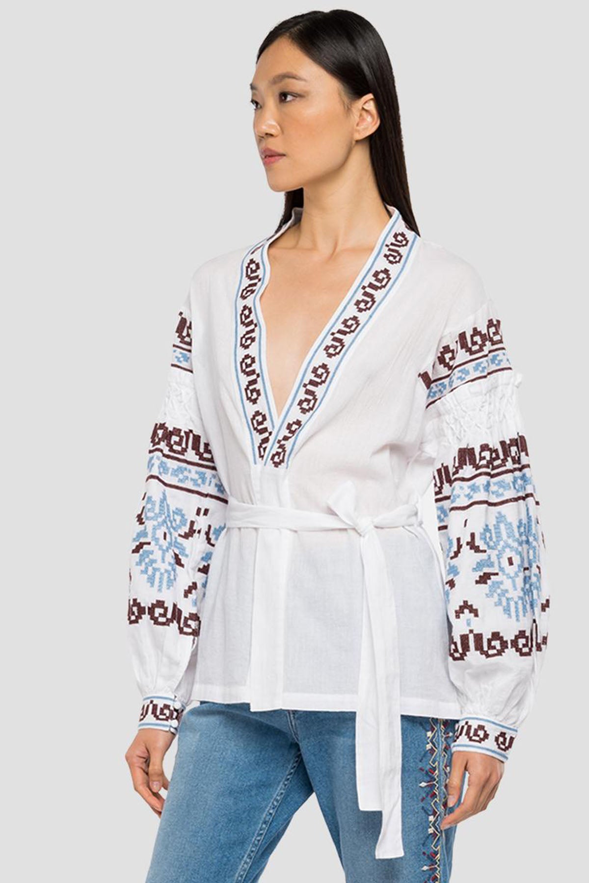 Replay Nakış Desenli Belden Kuşaklı Balon Kol Gömlek-Libas Trendy Fashion Store