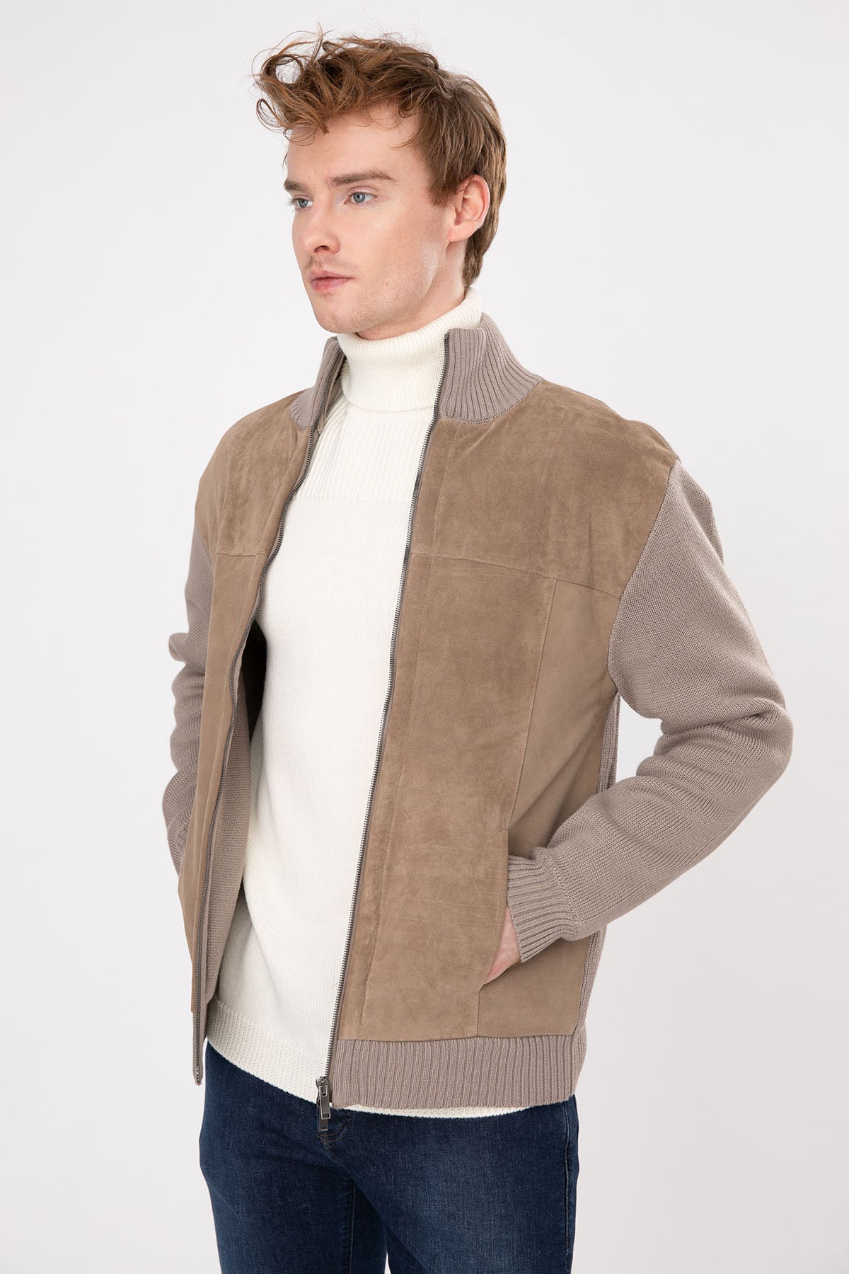 Manifattura Örgü Triko Detaylı Süet Deri Ceket-Libas Trendy Fashion Store