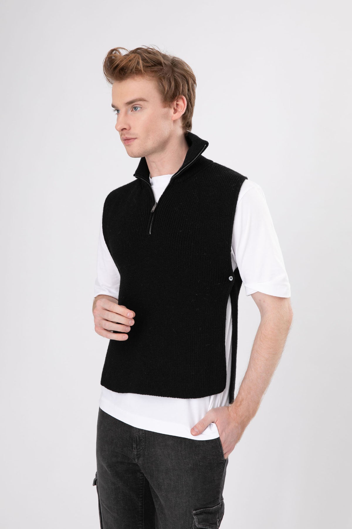 Manifattura Yarım Fermuarlı Örgü Yün Kolsuz Triko-Libas Trendy Fashion Store