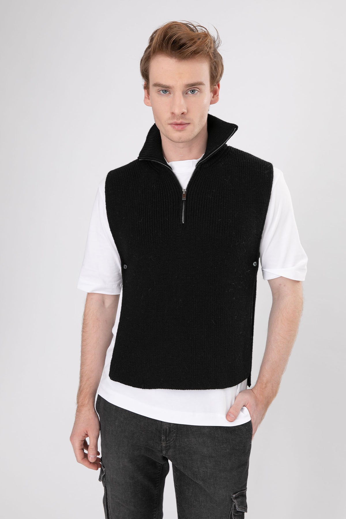 Manifattura Yarım Fermuarlı Örgü Yün Kolsuz Triko-Libas Trendy Fashion Store