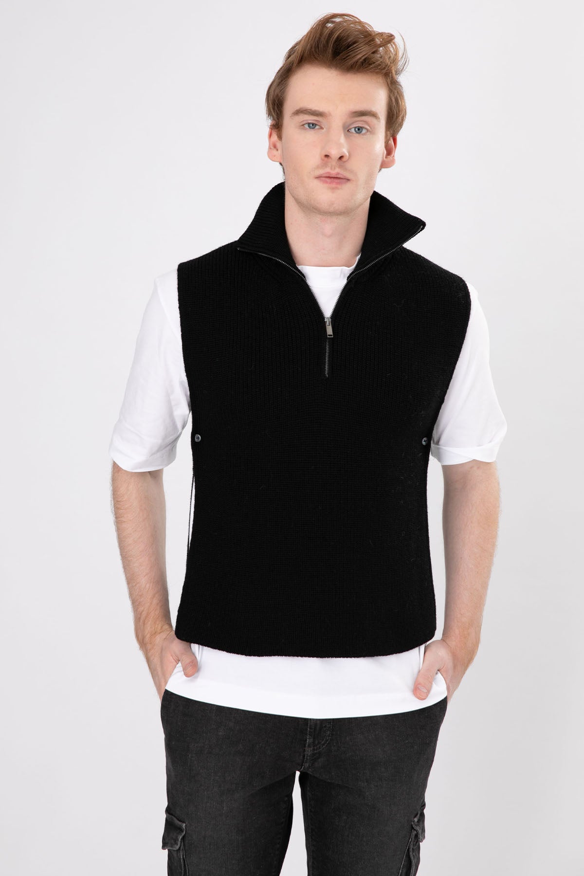 Manifattura Yarım Fermuarlı Örgü Yün Kolsuz Triko-Libas Trendy Fashion Store