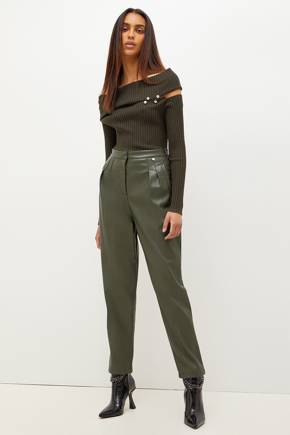 Liu Jo Çift Pileli Yüksek Bel Deri Pantolon-Libas Trendy Fashion Store