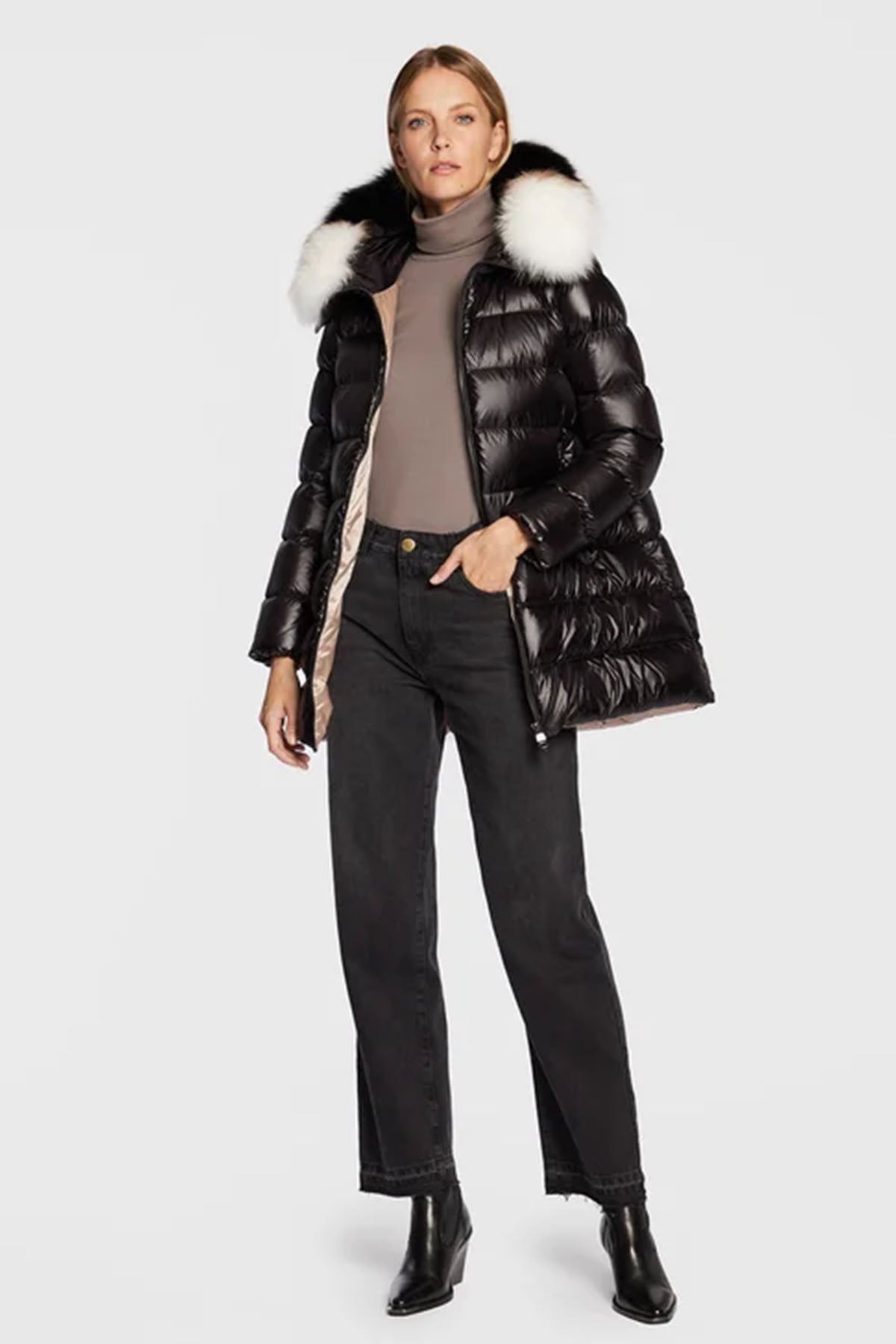 Hetrego Hygiea Kürklü Yaka Parlak Puffer Mont-Libas Trendy Fashion Store