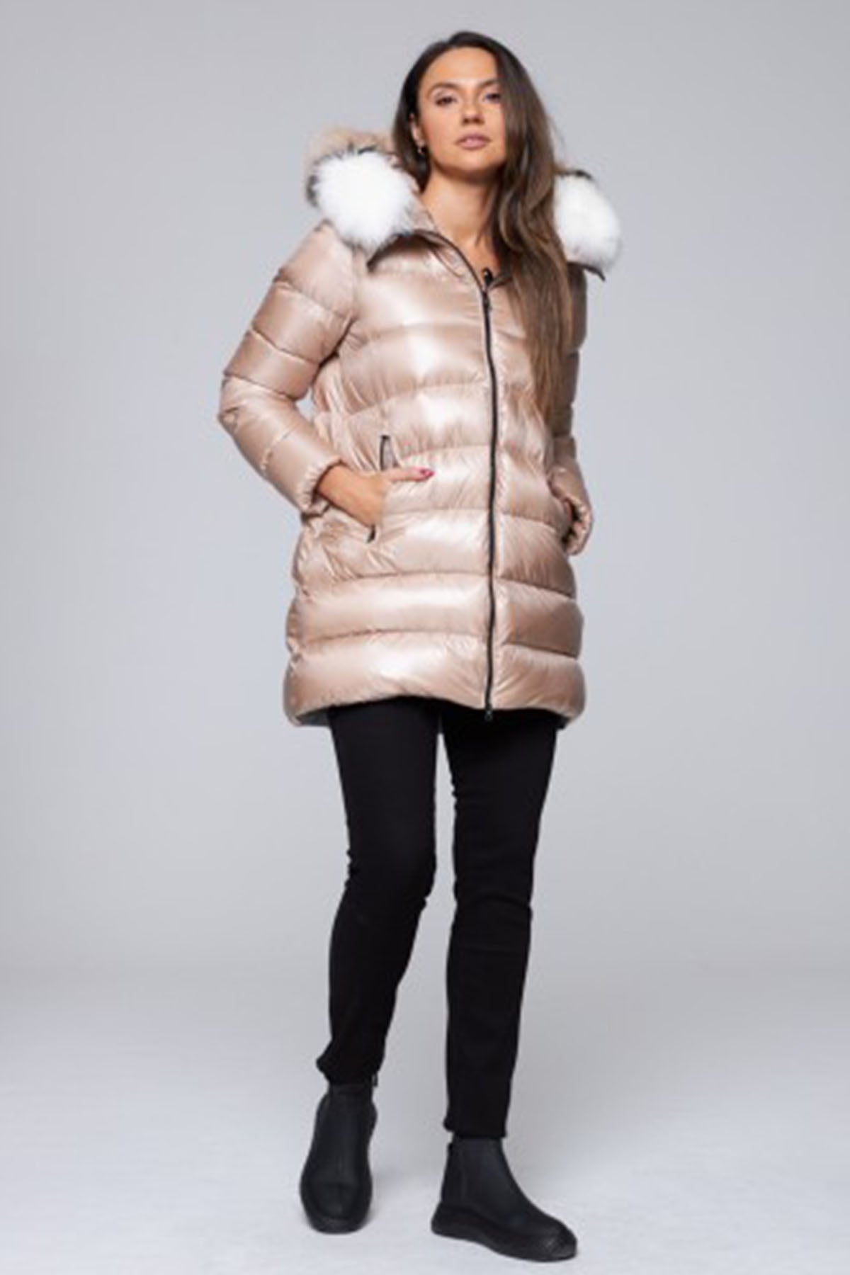 Hetrego Hygiea Kürklü Yaka Parlak Puffer Mont-Libas Trendy Fashion Store